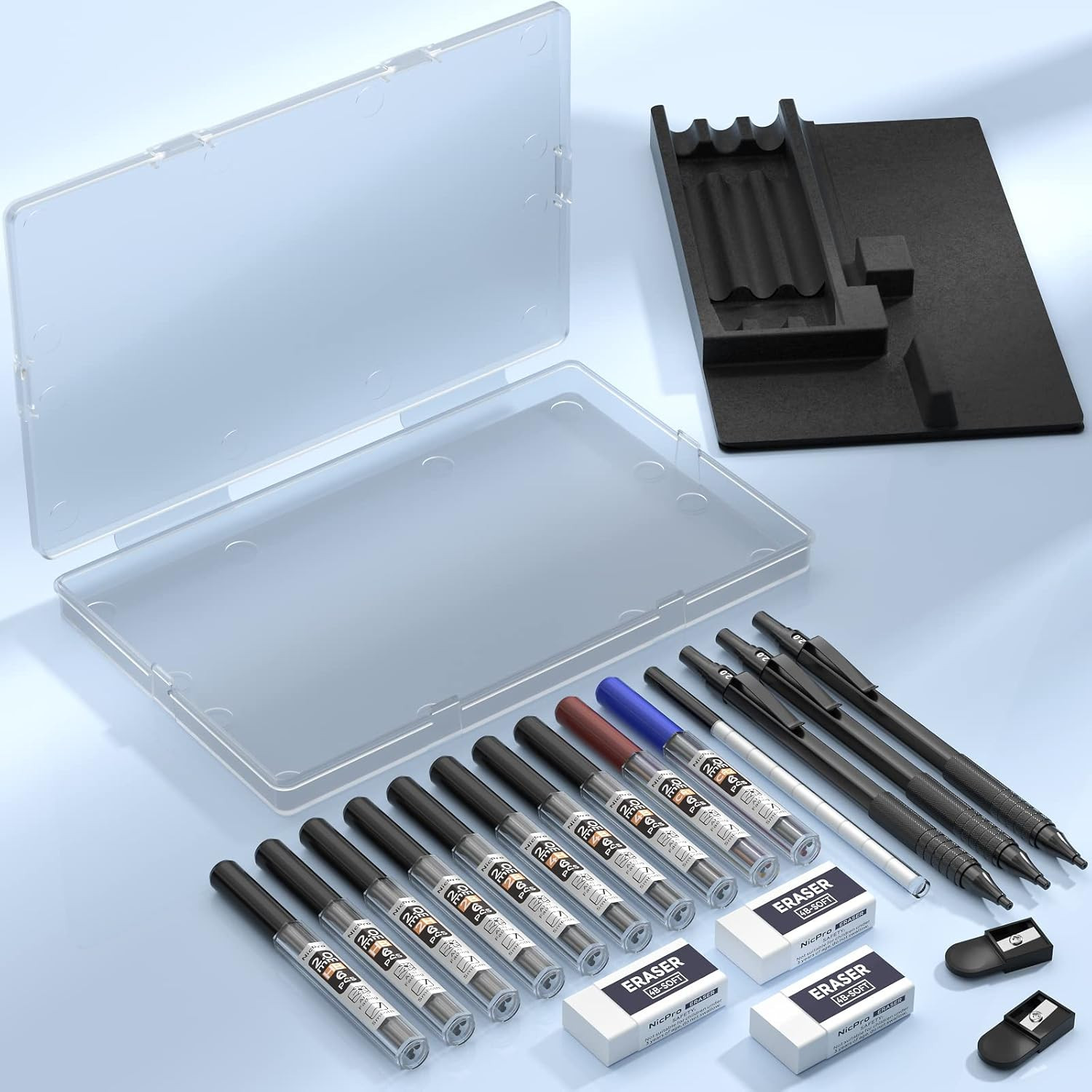 Black Metal 2.0 Mechanical Pencil Set with Case, 3 PCS Drafting Lead Holder with
