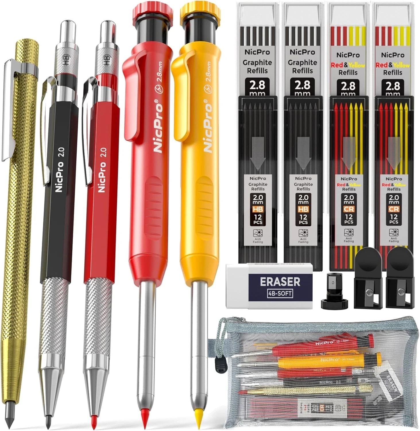 Nicpro 18 Pack Carpenter Pencil Set with 5 Pack, Red, Yellow, Black