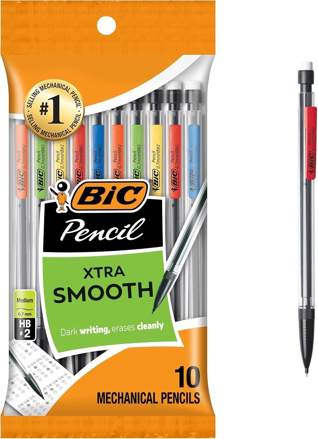 BIC Xtra-Smooth Mechanical Pencils with Erasers (Pack of 10) Black, Medium 0.7mm