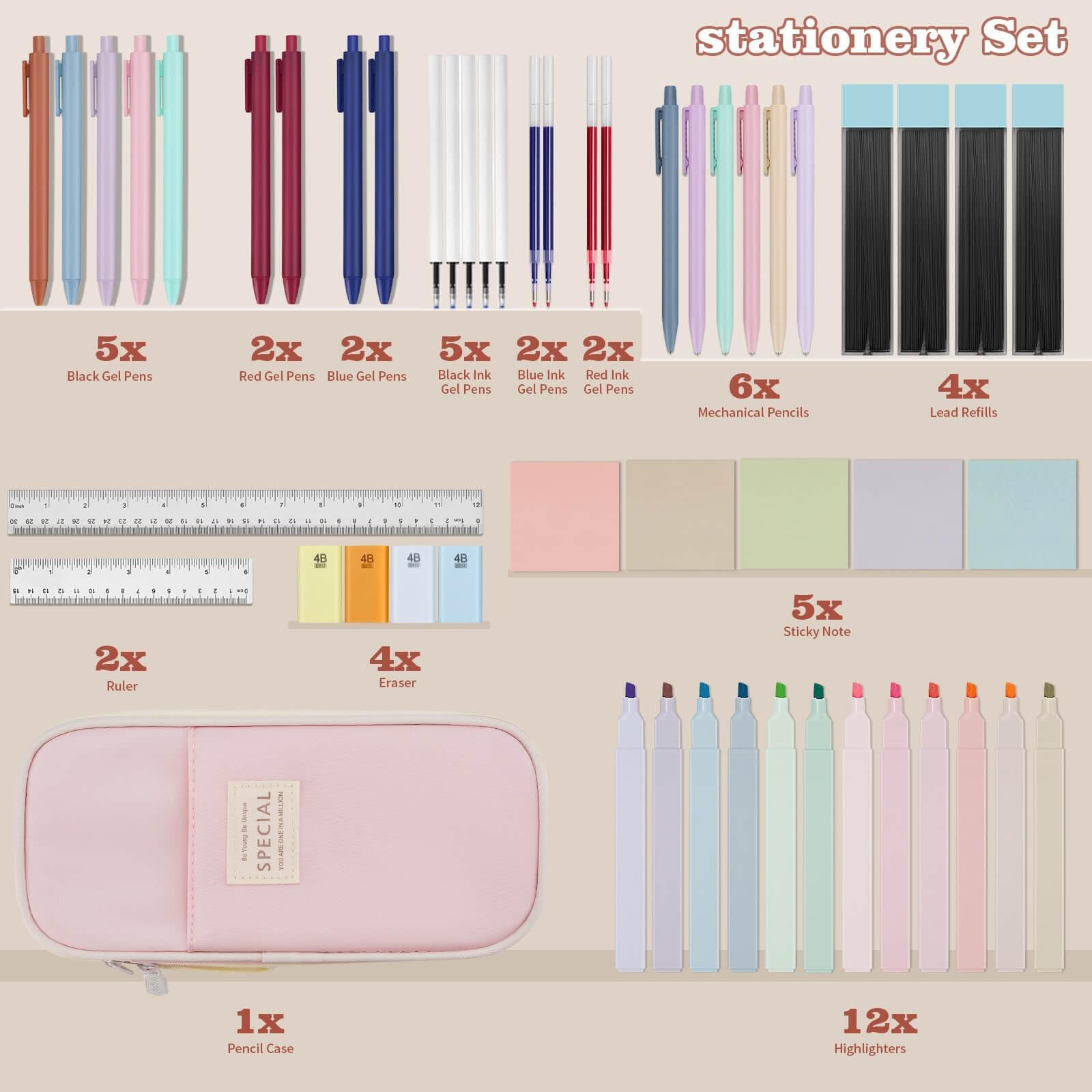52 PCS Aesthetic School Supplies with Pen Case Gel Pens Rulers Pencils