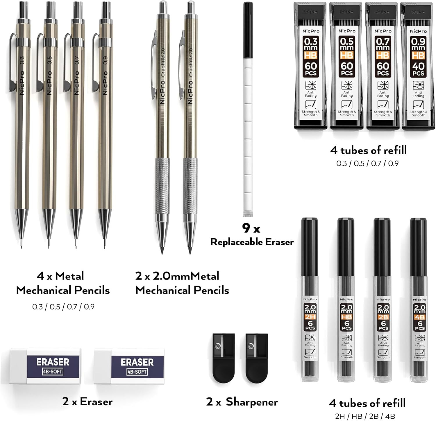 Nicpro 6PCS Metal Mechanical Pencil Set, Full Copper Drafting Pencil 0.3, 0.5, 0