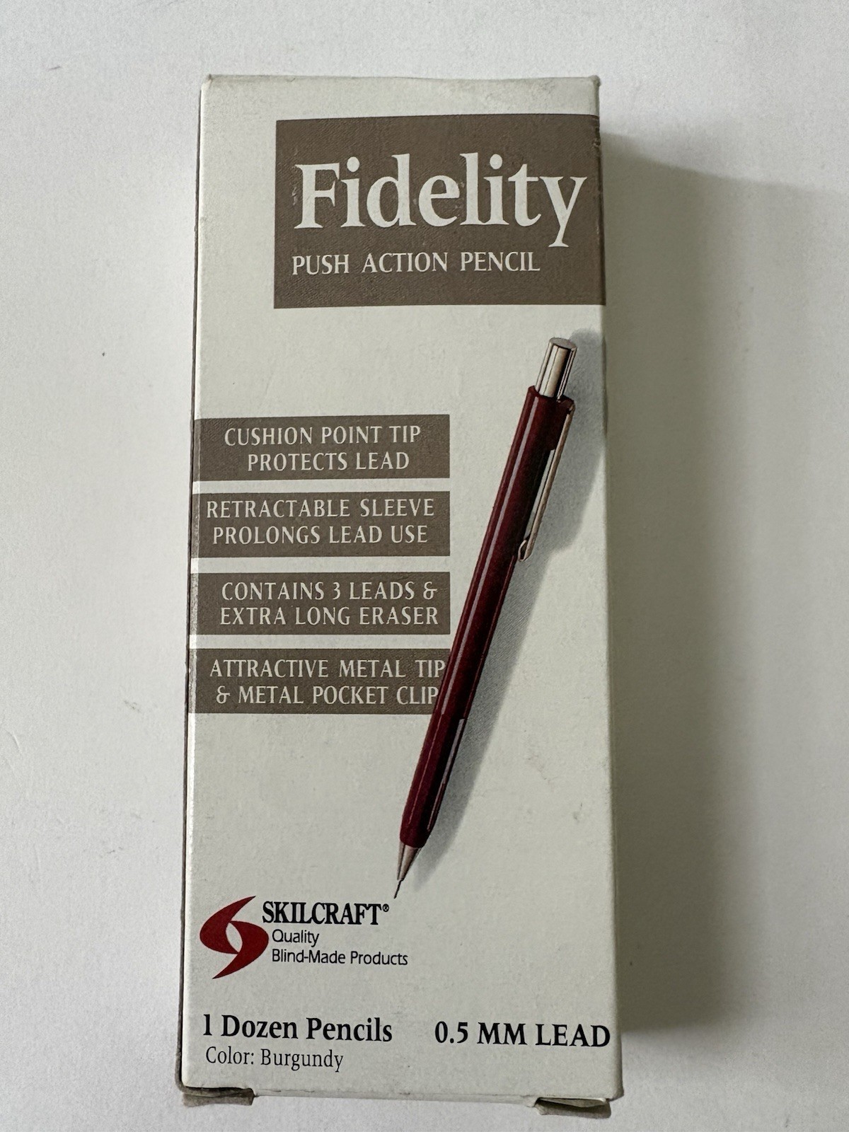 Box Unused 12 Fidelity SKILCRAFT BURGUNDY Mechanical Pencils 0.5 mm Push Action