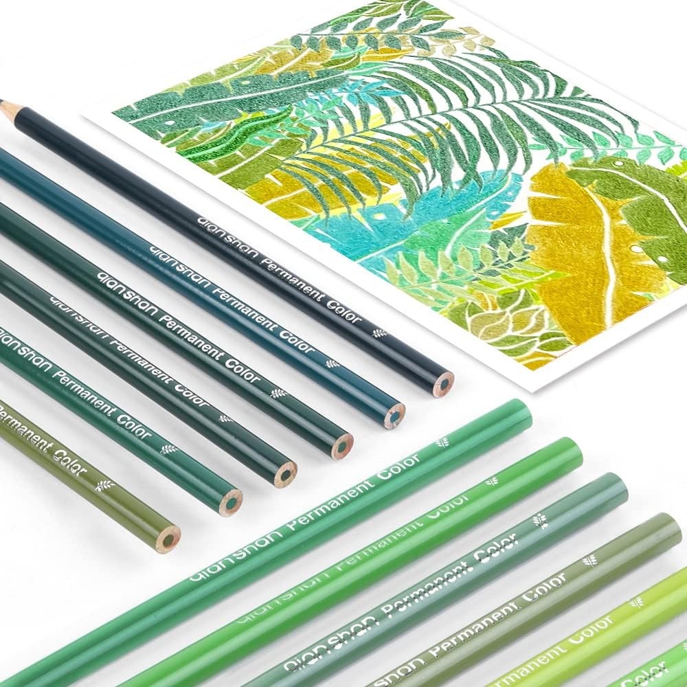 qianshan 12 Green Colored Pencils Oil Based Pre-sharpened 12 green pencils