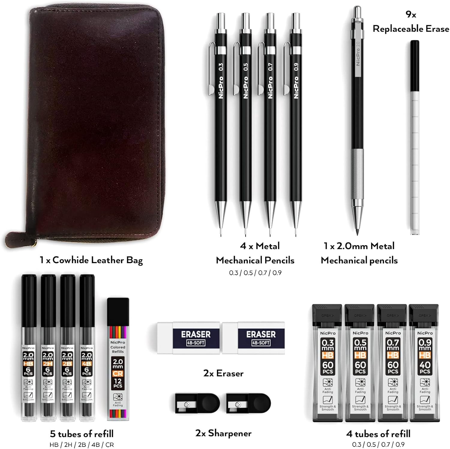 Nicpro 29PCS Black Metal Mechanical Pencil Set in 1 Count (Pack of 5),