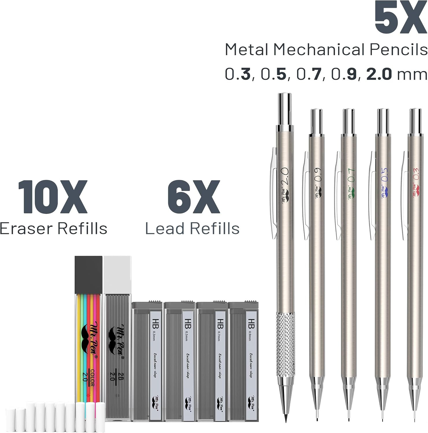 Mr. Pen- Metal Mechanical Pencil Set with Lead and Eraser Refills, 5 Sizes | 0.3