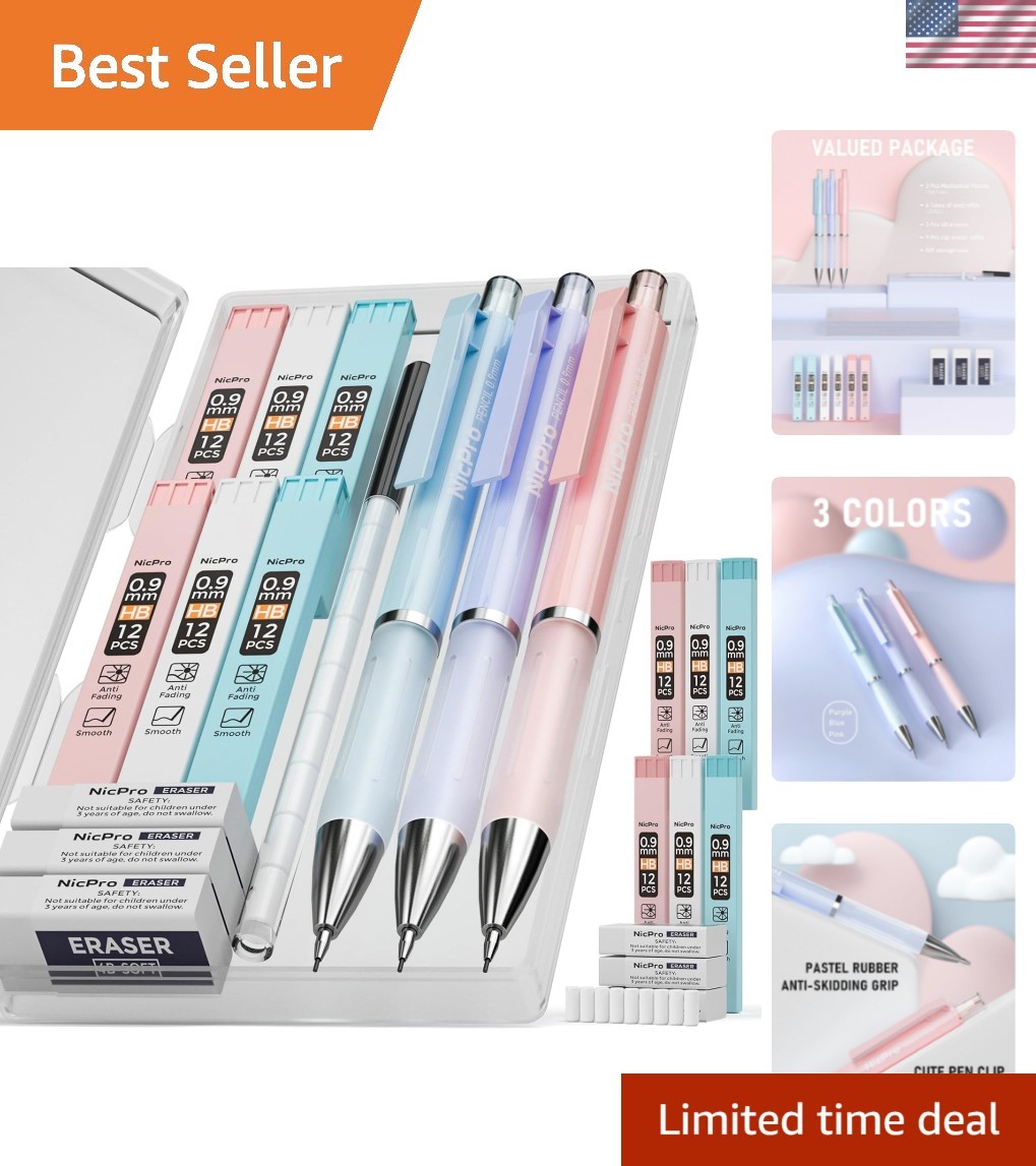 Charming 3PCS Pastel Mechanical Pencil Set for Kids – 0.9mm Writing Delight