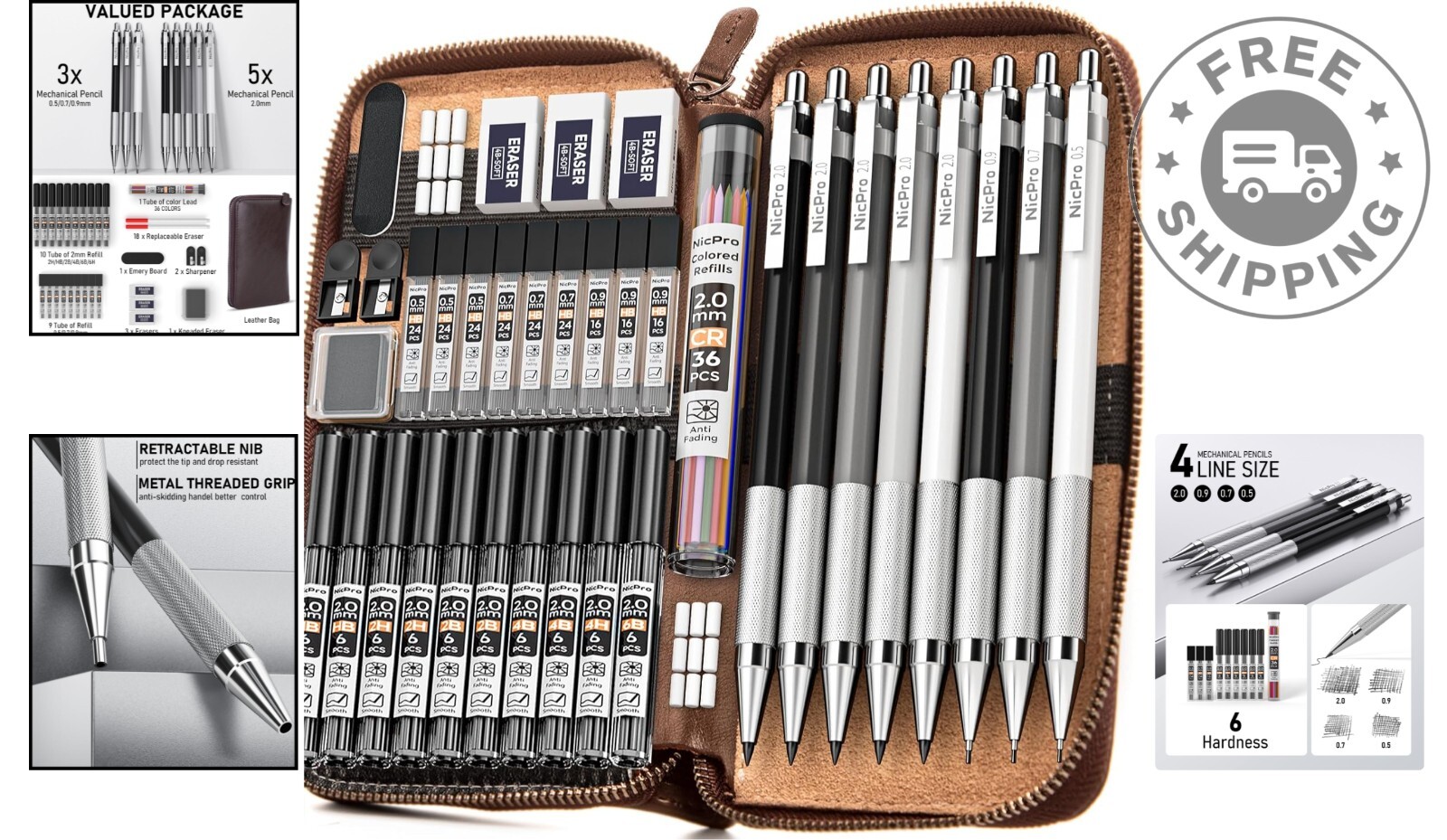 Professional 38PCS Mechanical Pencils Set with Multi-Hardness Leads & Erasers