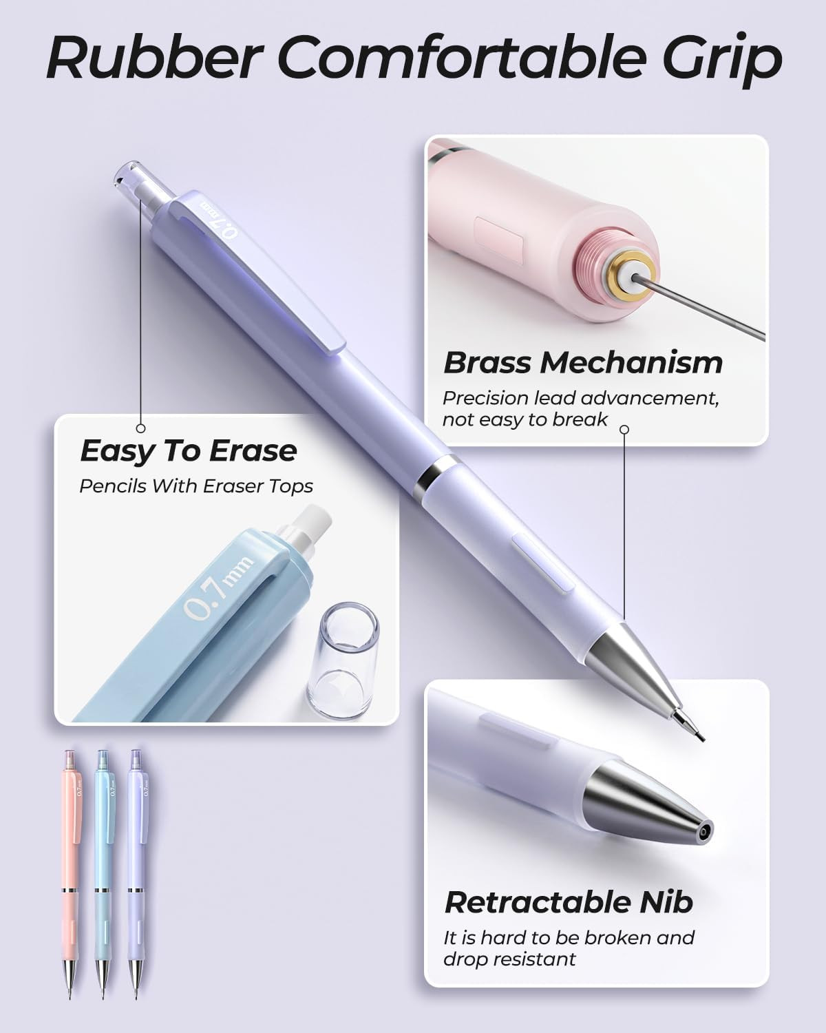 3PCS Cute Mechanical Pencil with , 0.7 Mm Pencils with 6 Tube HB Lead Refill, 3