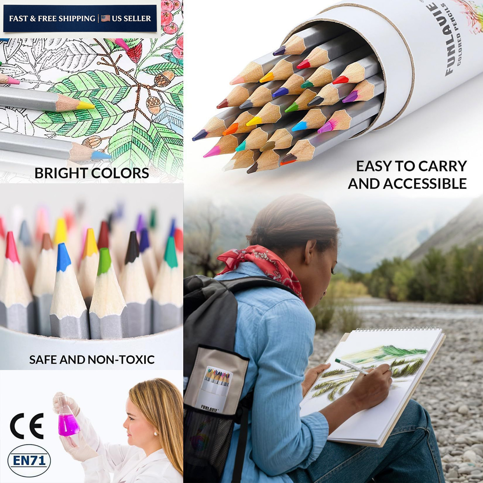 FUNLAVIE 48 Colored Pencils for 48 Count (Pack of 1), 48-Color Travel Pack