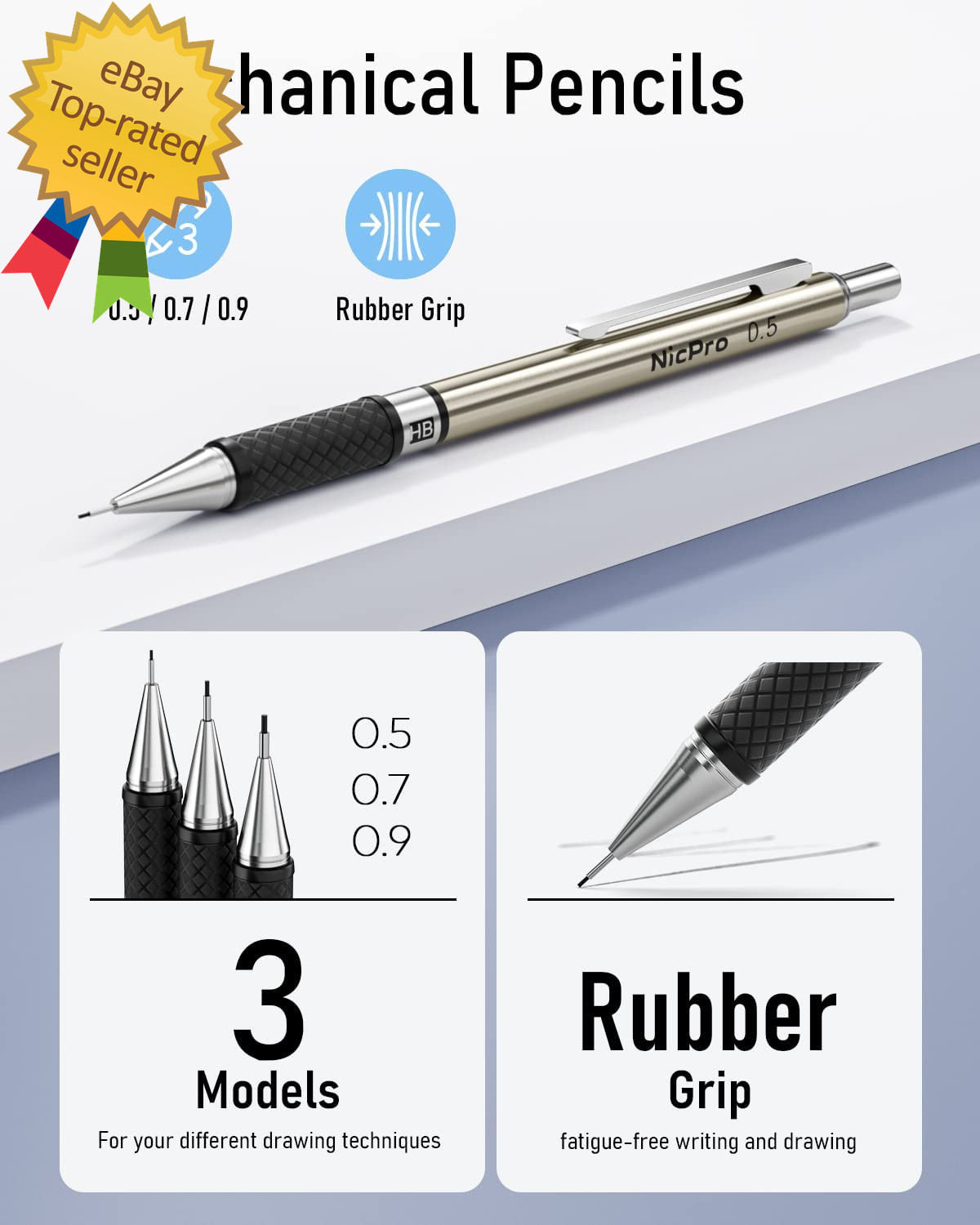 6PCS Art Mechanical Pencil Set, 3PCS Metal Drafting Pencil 0.5 Mm & 0.7 Mm & 0.9