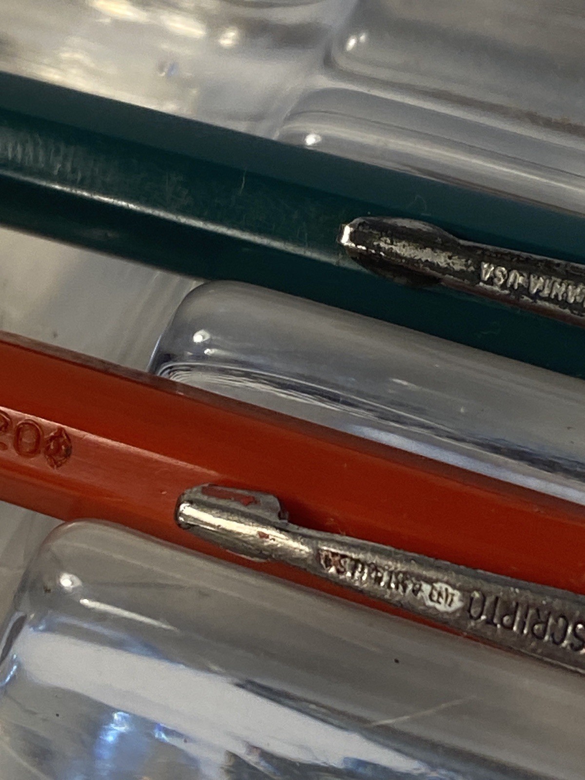 2 Vintage Scripto Mechanical Pencils Lot – No. 77 20¢ Red & Similar In Green