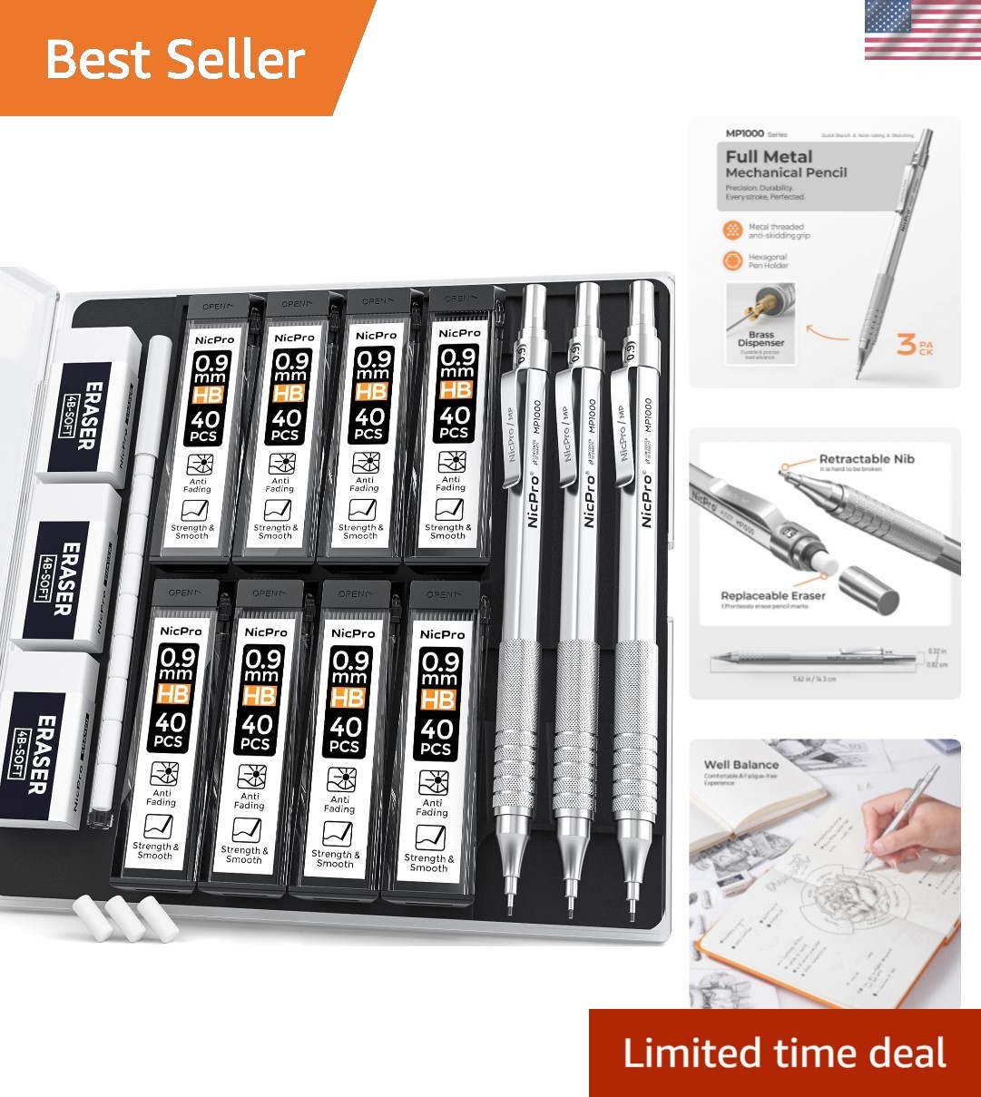 Elegant 0.9mm Mechanical Pencil Set with Case – Ideal for Artists & Students