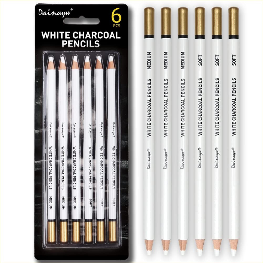 dainayw 6 Pcs White Charcoal Pencils Drawing Set, 1 Count (Pack of 6),