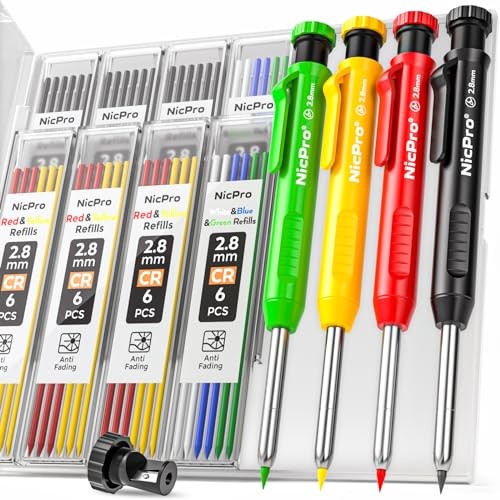 Carpenter Pencil with Sharpener, Mechanical 4 Pack Black,Red,Yellow,Green