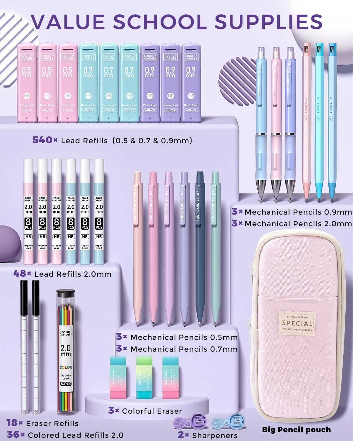 36PCS Aesthetic School Supplies Mechanical Pencils 0.5mm 0.7mm 0.9mm & 2.0mm …