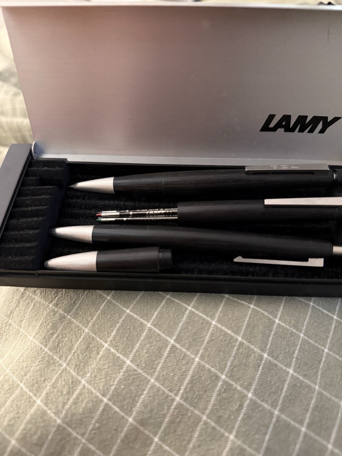 LAMY 3 Piece Writing Set. Ballpoint Pen. Mechanical Pencil. 4 Color Pen. Box.