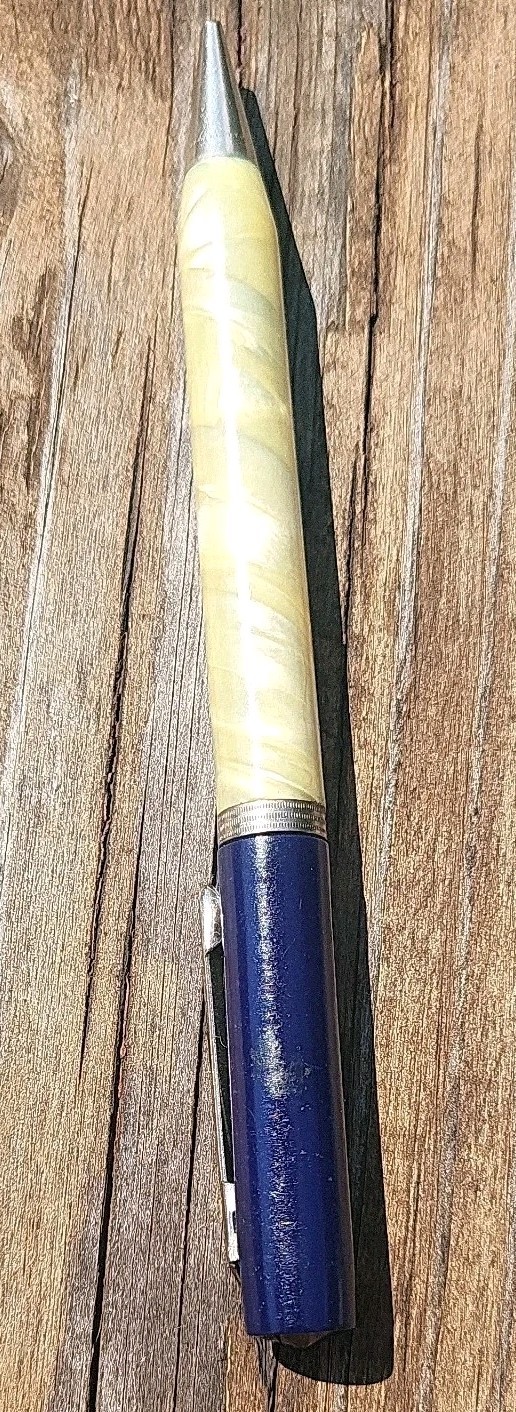 Vintage 1940s Eversharp Skyline Repeater Pencil White Pearl Marble Navy Blue Cap