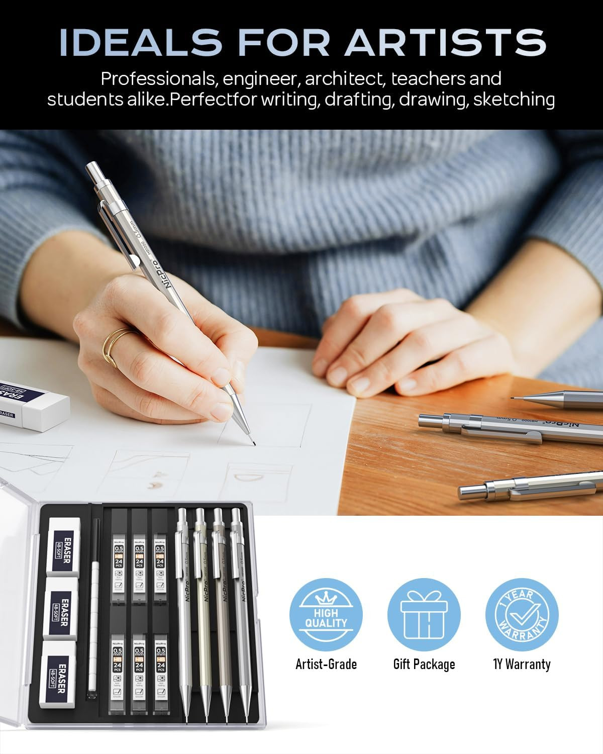 0.7Mm Mechanical Pencil Set with Case – 4PCS Metal Mechanical Pencils, 8 Tubes H