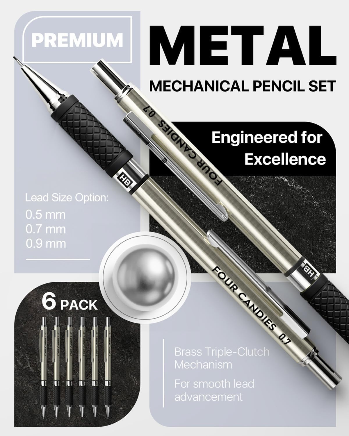 Four Candies Metal Mechanical Pencil Set – 6PCS 0.7Mm Art Mechanical Pencils & 3