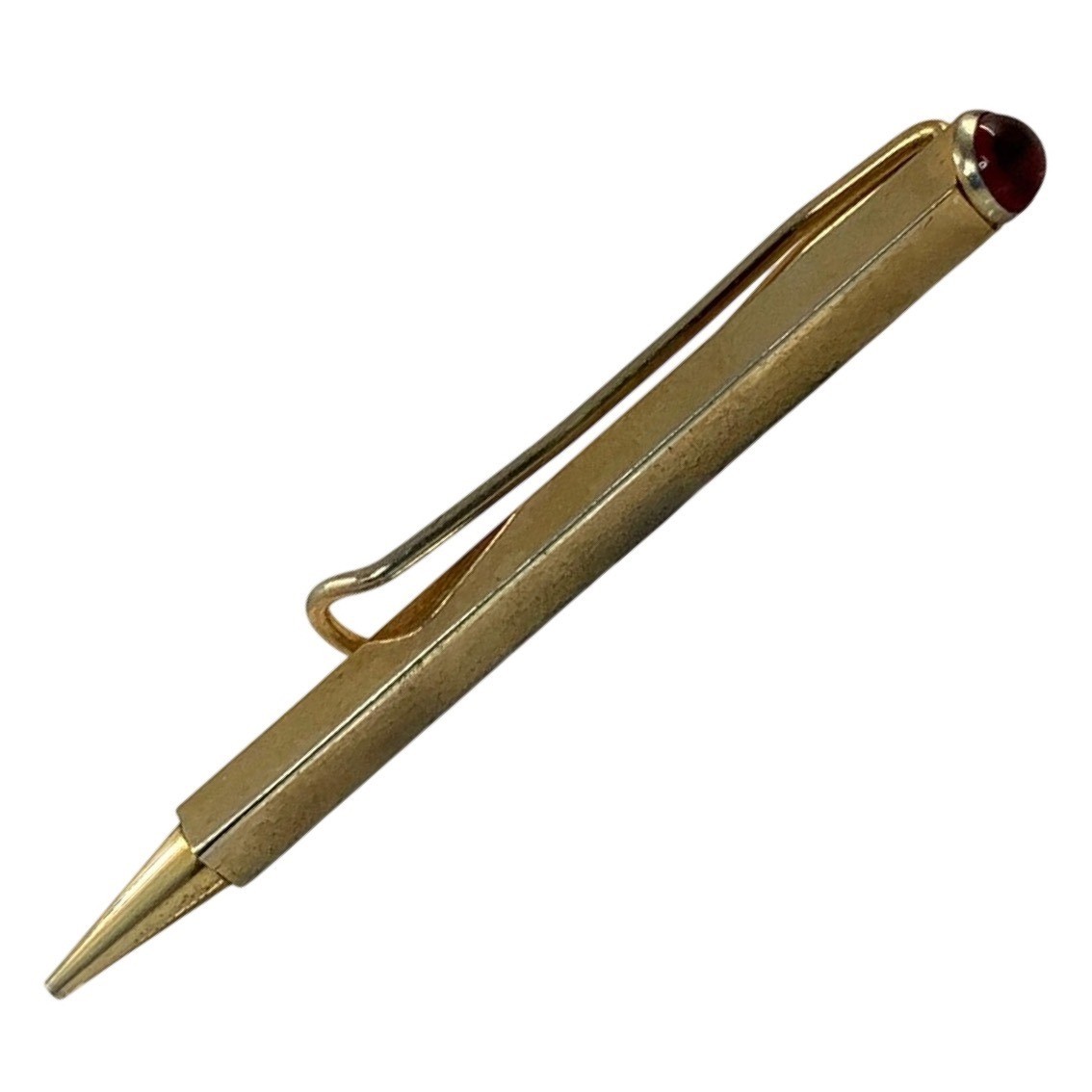 Vintage Hexagonal Tie Clip Mechanical Pencil Gold Tone Red Jewel 2.75in