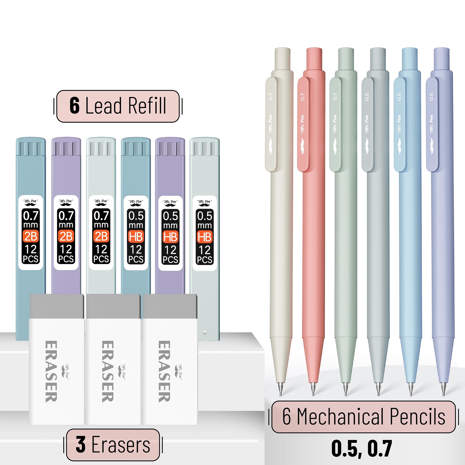 6 Pack Mechanical Pencil Set with Lead Refills & Erasers 2 Sizes, 0.5 & 0.7mm
