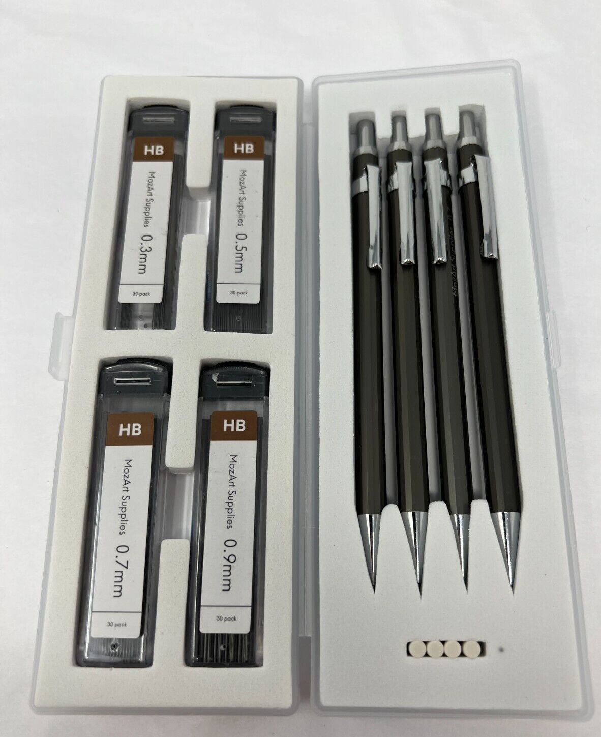 MozArt Mechanical Pencil Set with Case – 4 Sizes: 0.3, 0.5, 0.7 & 0.9mm with 30