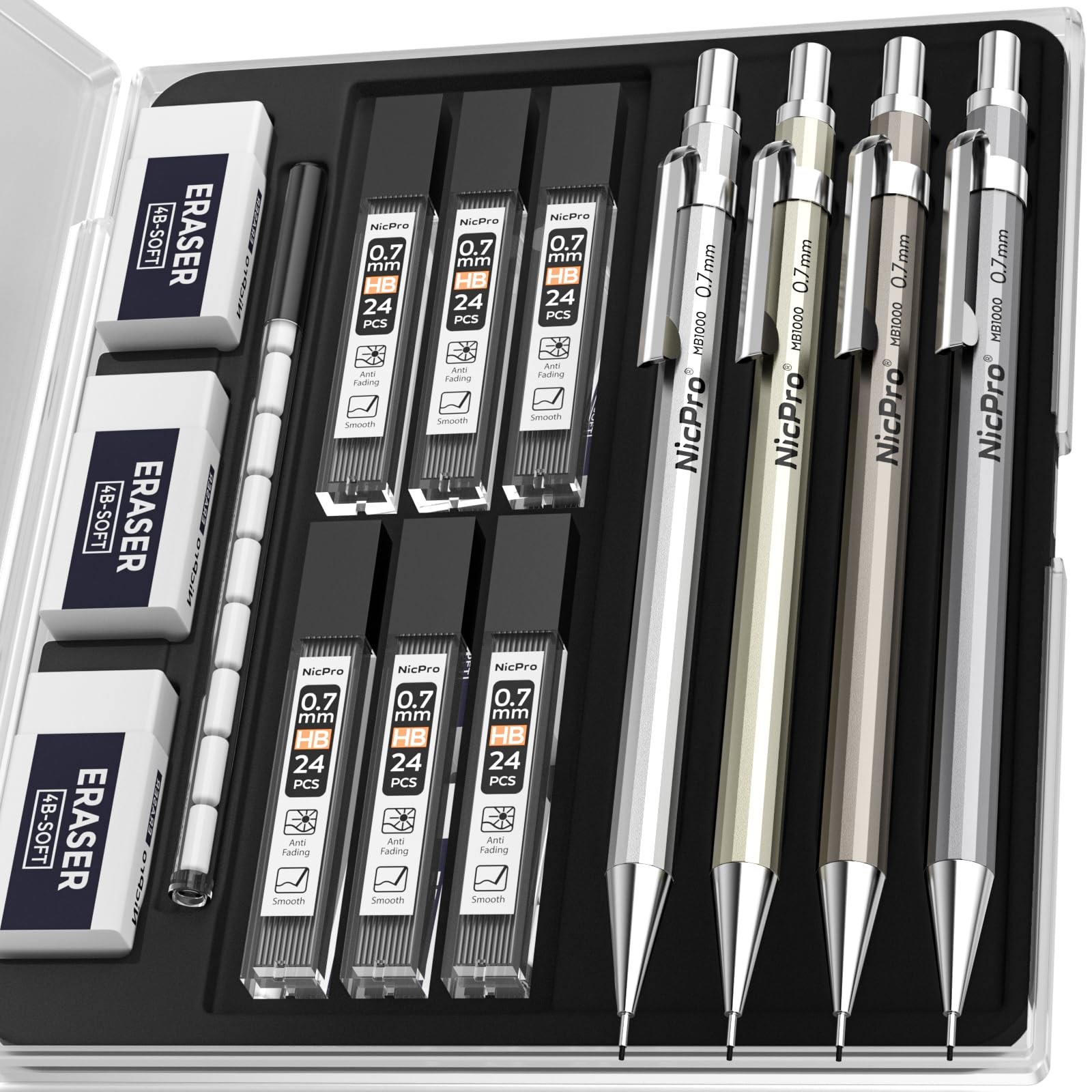 Nicpro 4 Pack Mechanical Pencil 0.7mm with Case, MB1000 Metal 0.7mm, Black