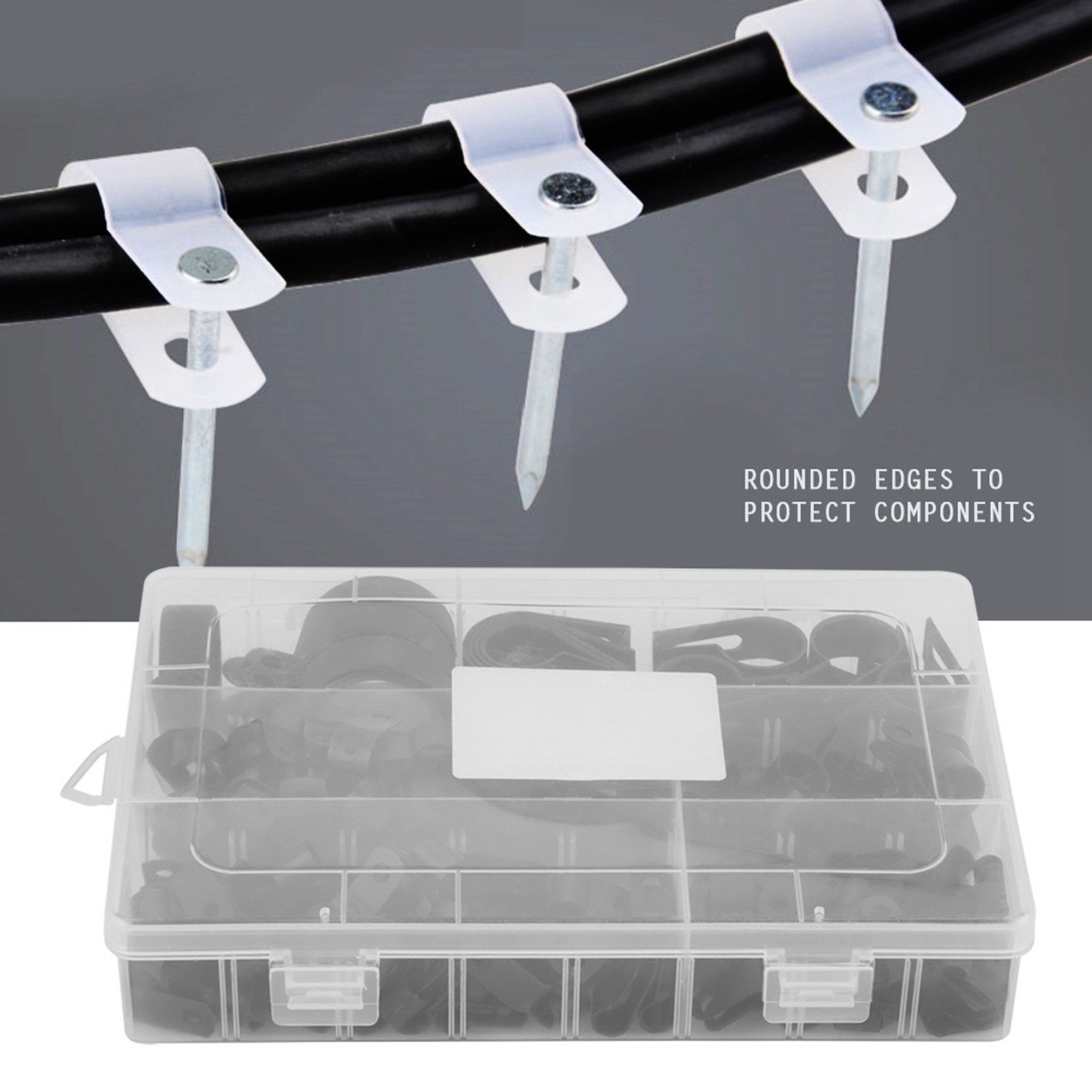 200pcs Nylon P Fasteners Clips Clamps Assorted Box For Cable Conduit Kit (Black)