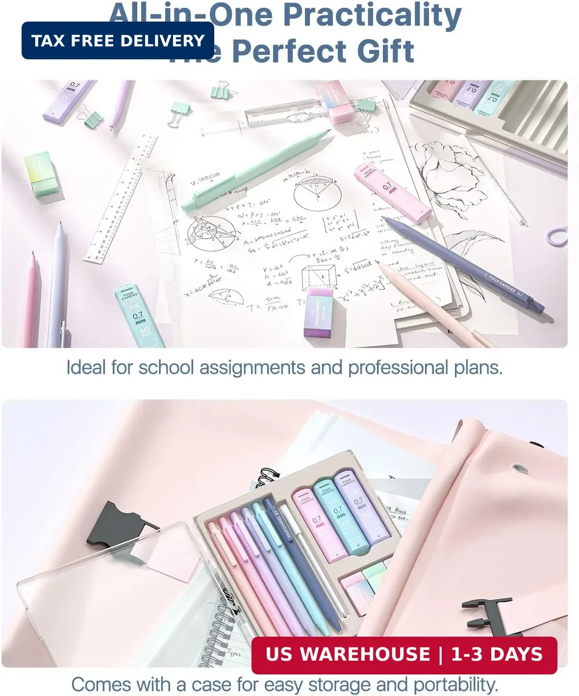 Four Candies 6PCS Cute Mechanical Pencil Set with 372 Leads & Erasers, 0.7mm Med