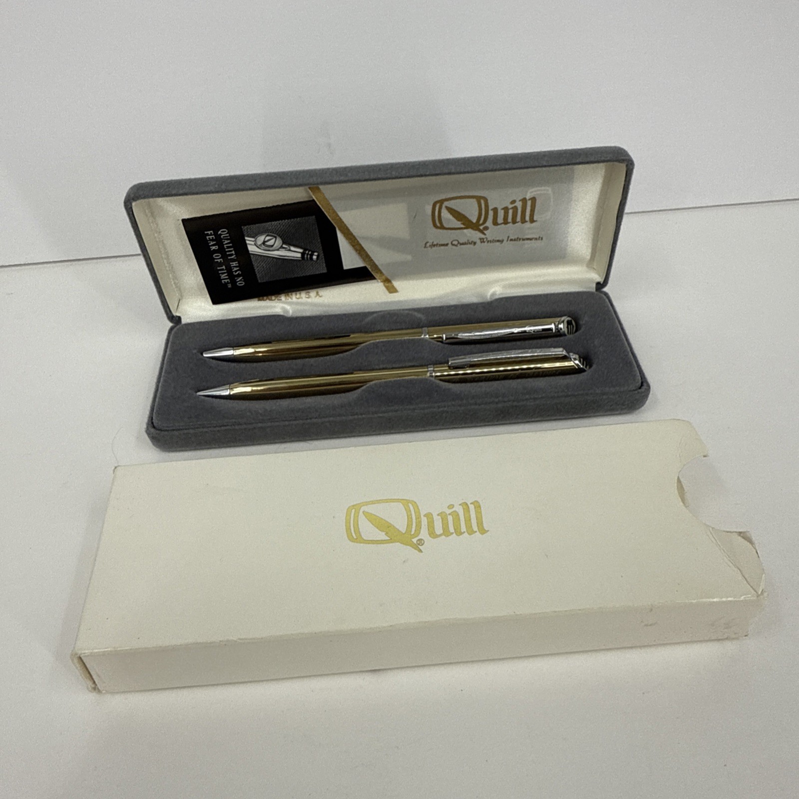 QUILL Brand Gold Tone Pen & Mechanical Pencil Set W/ Case & Slip