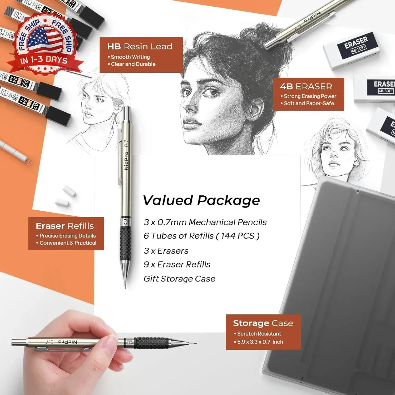 Nicpro 0.7 mm Art Mechanical Pencil Set in Storage Case, 3 PCS Metal Drafting Pe