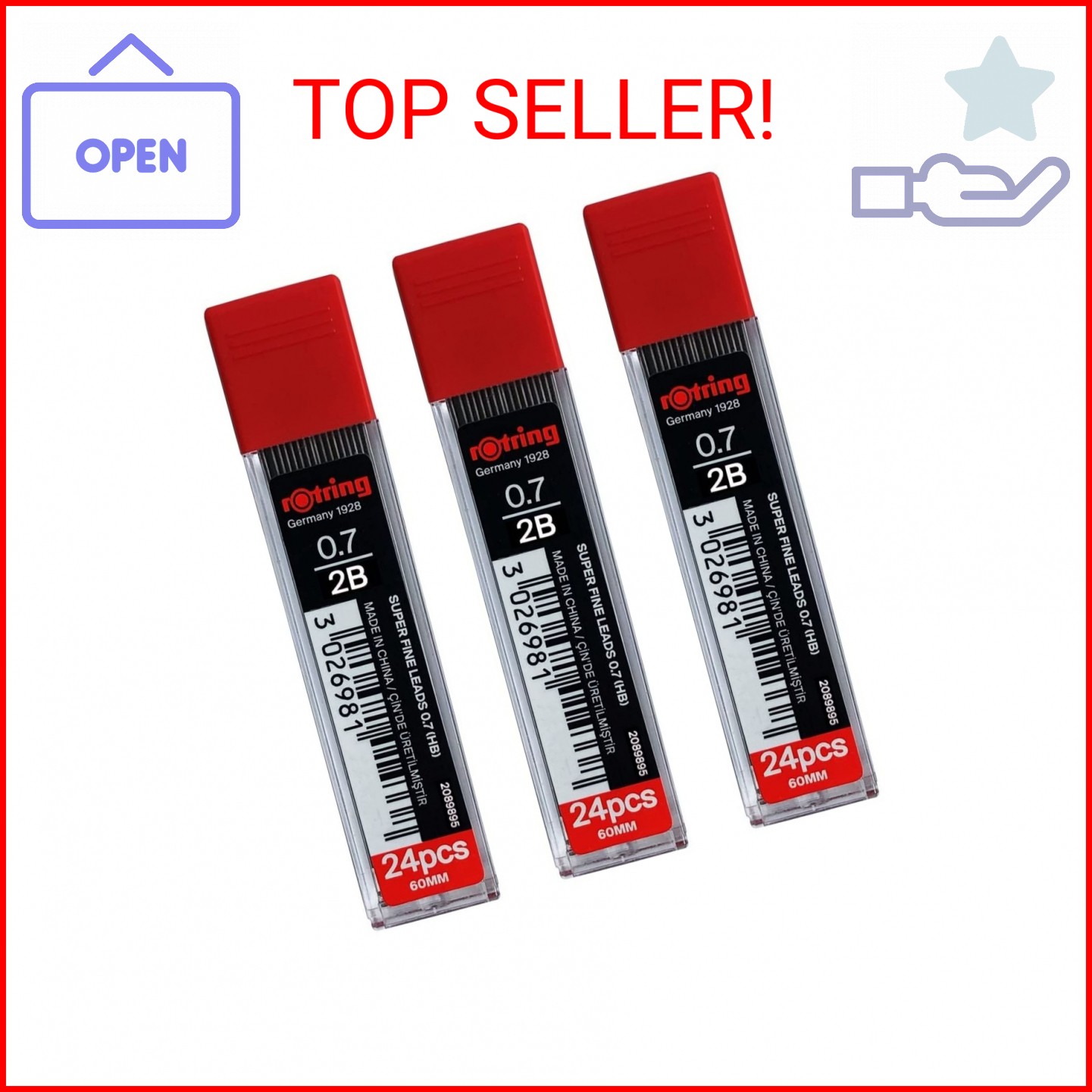 rOtring 0.7mm 2B Super Polymer Pencil Lead – Pack of 3 Tubes – 72 Leads in Total