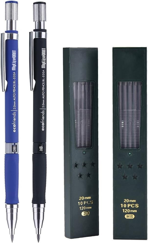 MyLifeUNIT 2.0mm Mechanical Pencil, 4 Piece Set, Set of 4 Pencils and Leads
