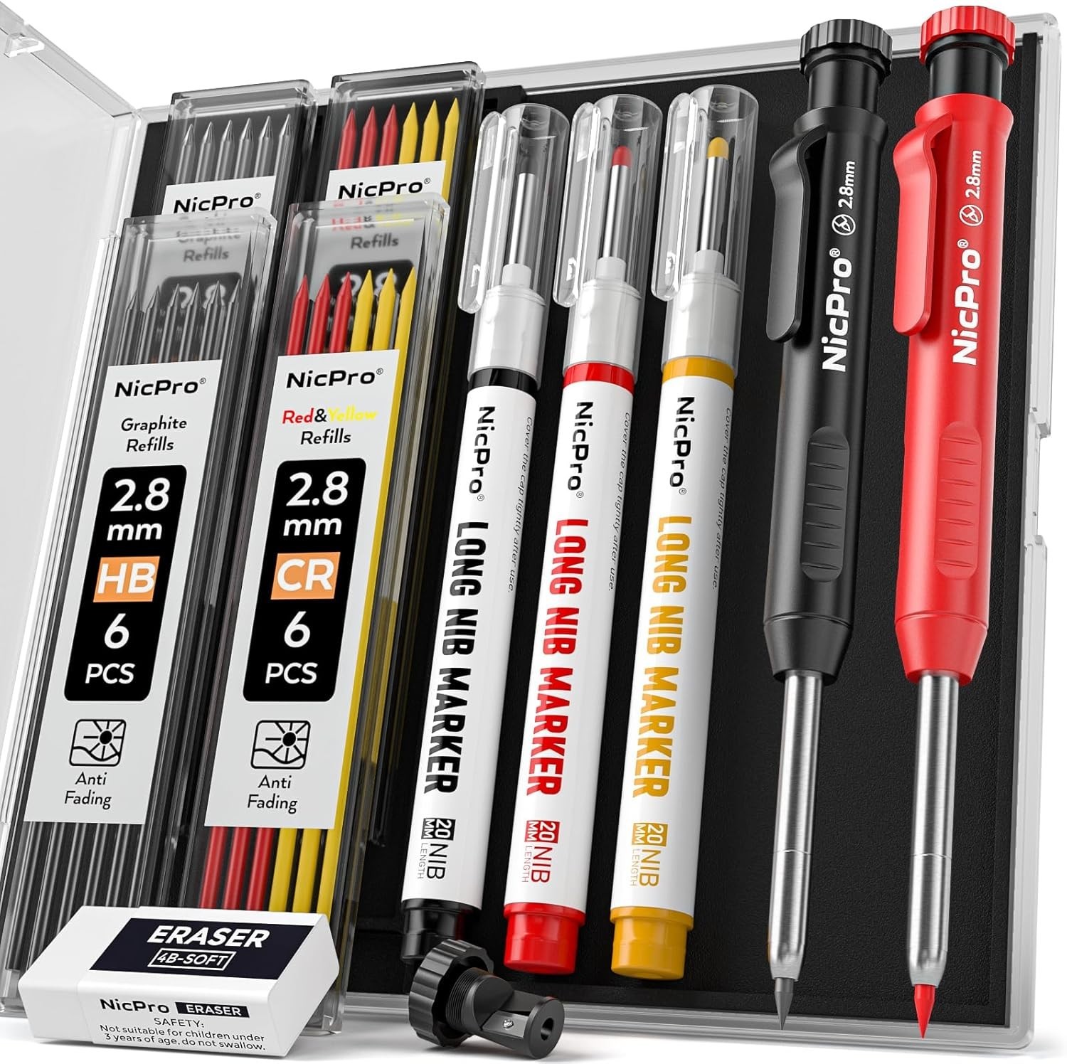 2 Pack CP1000 Carpenter Pencil with Sharpener, Mechanical Carpenter Penci