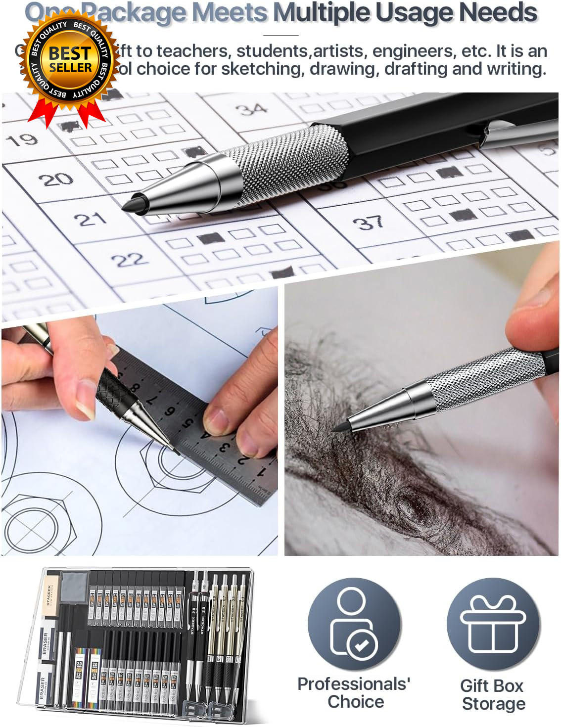 37PCS Art Mechanical Pencil Set Drafting Pencil 5 Sizes Mechanical Drawing