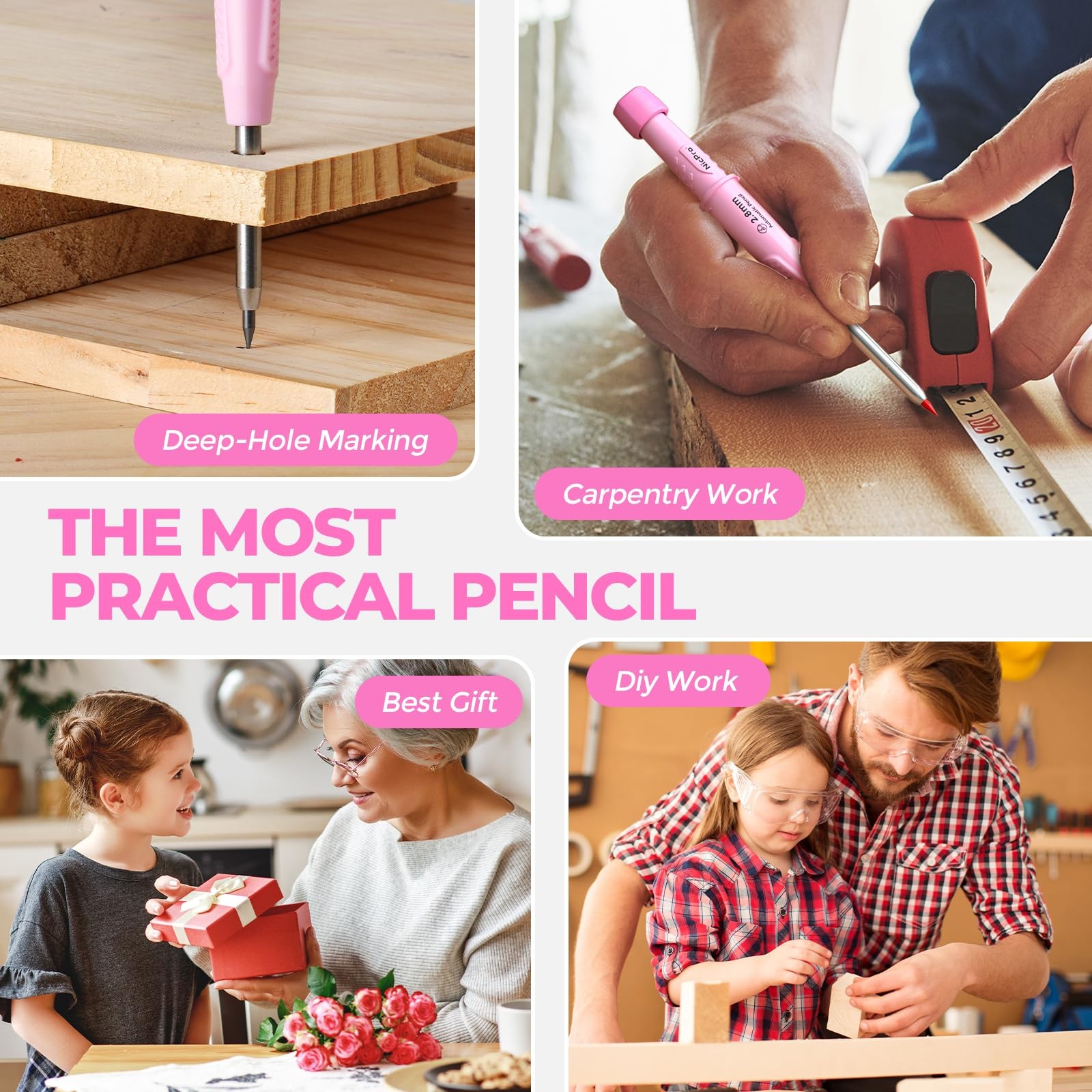 Nicpro CP3000 Carpenter Pencil with Sharpener, Construction Mechanical Pink
