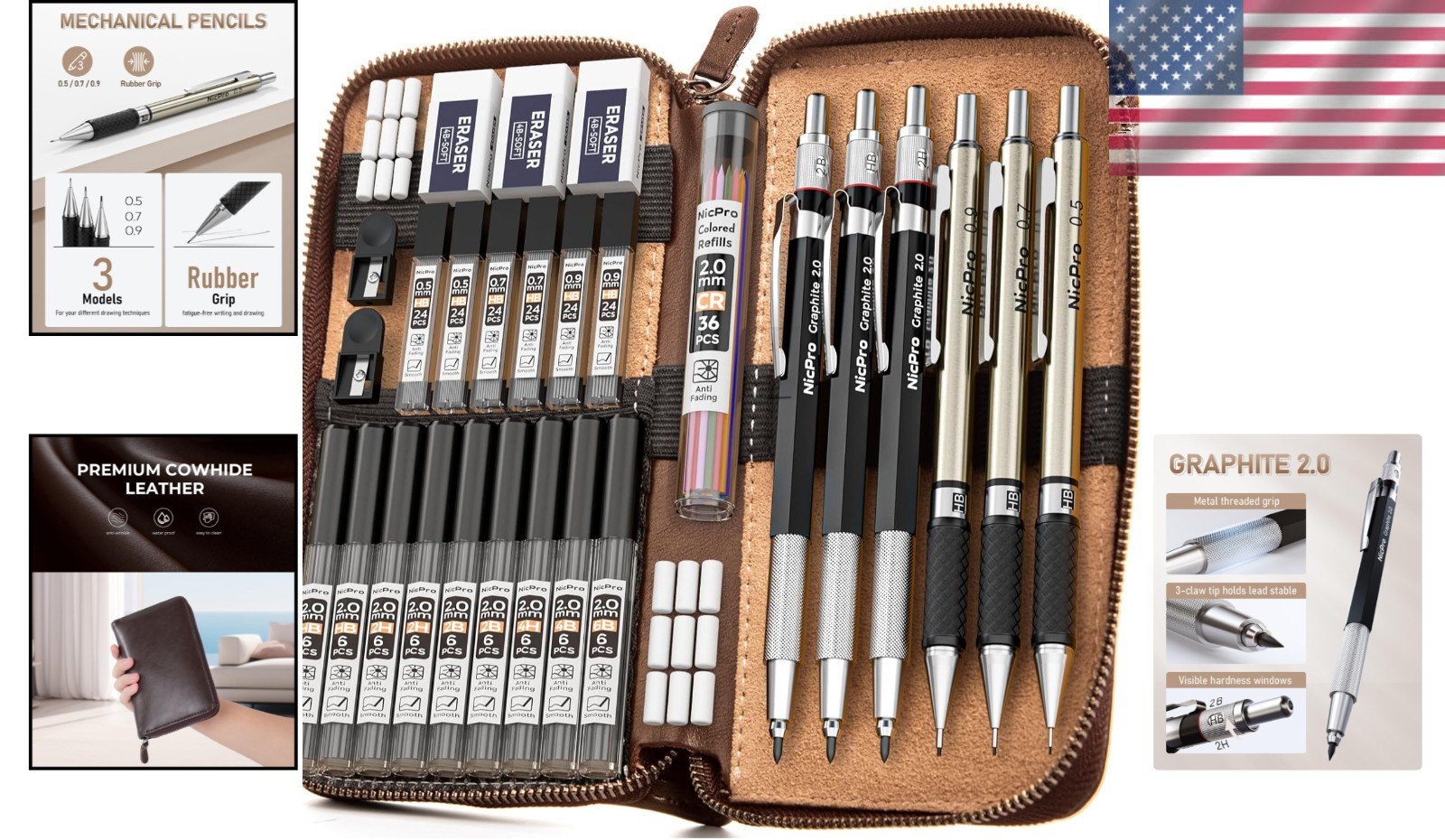 Ergonomic Mechanical Pencil Set – 30PCS with Lead Refills & Leather Storage Case