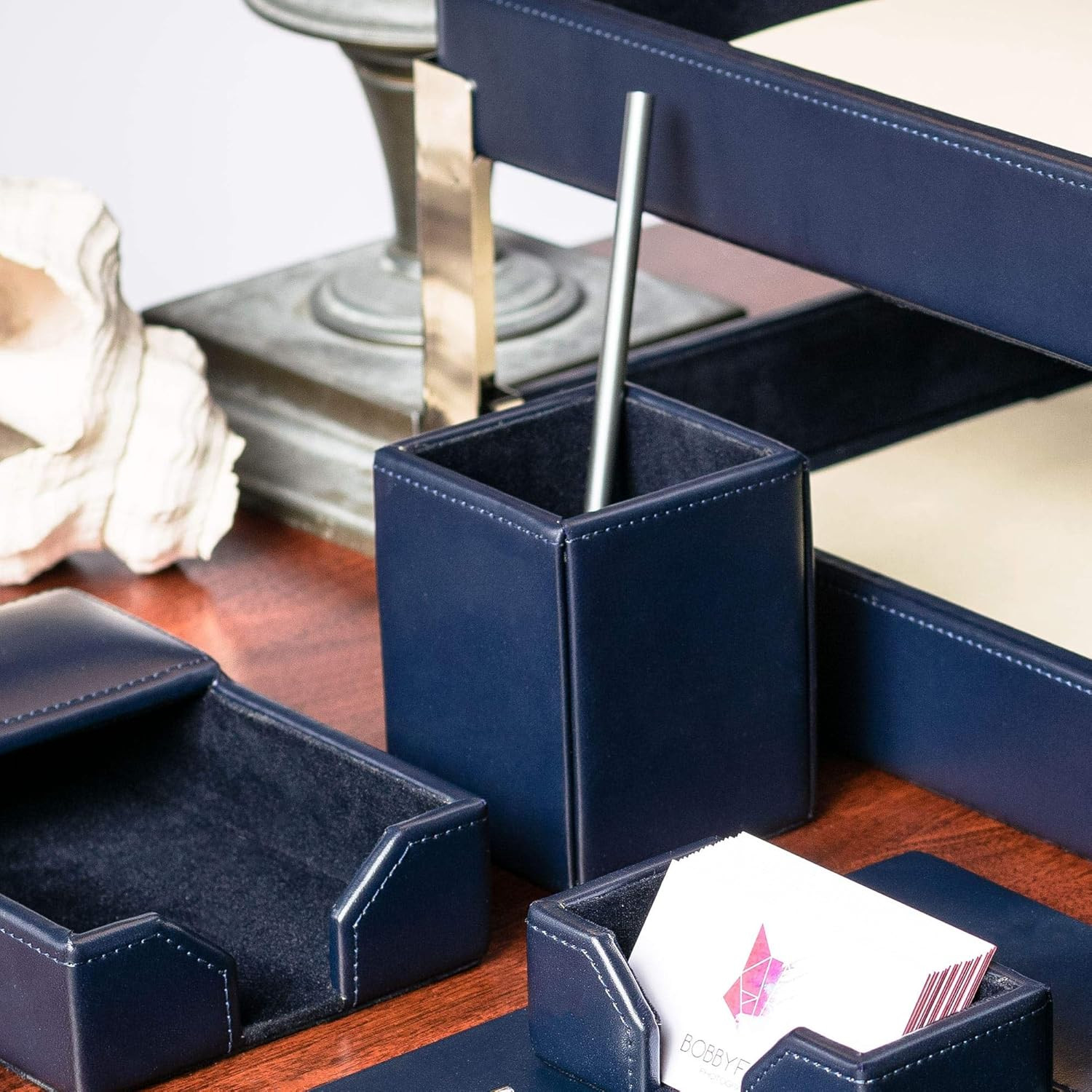 Navy Blue Bonded Leather Pencil Cup