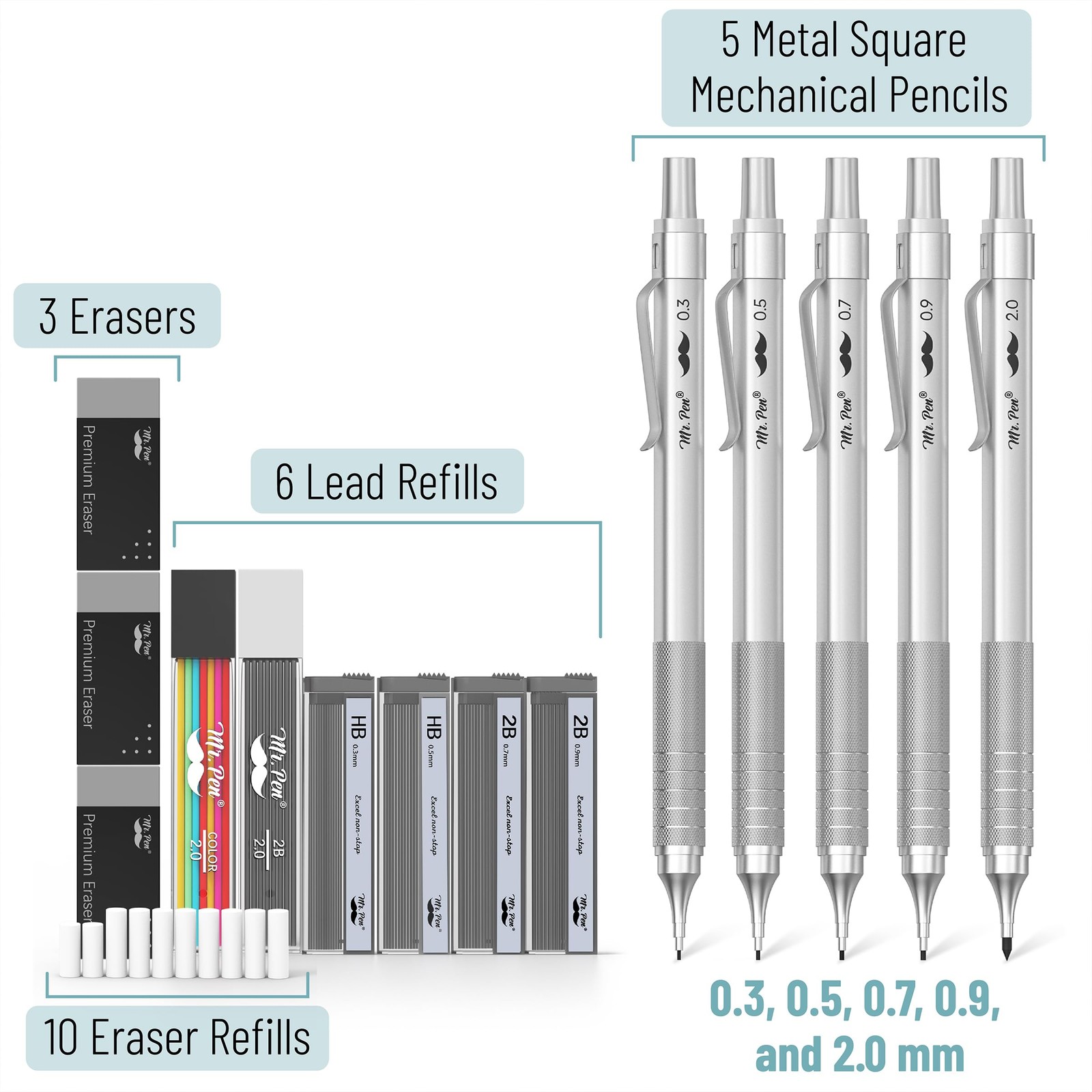 Mr. Pen- Metal Mechanical Pencil Set, 5 Sizes, 1 Count (Pack of 1), Black