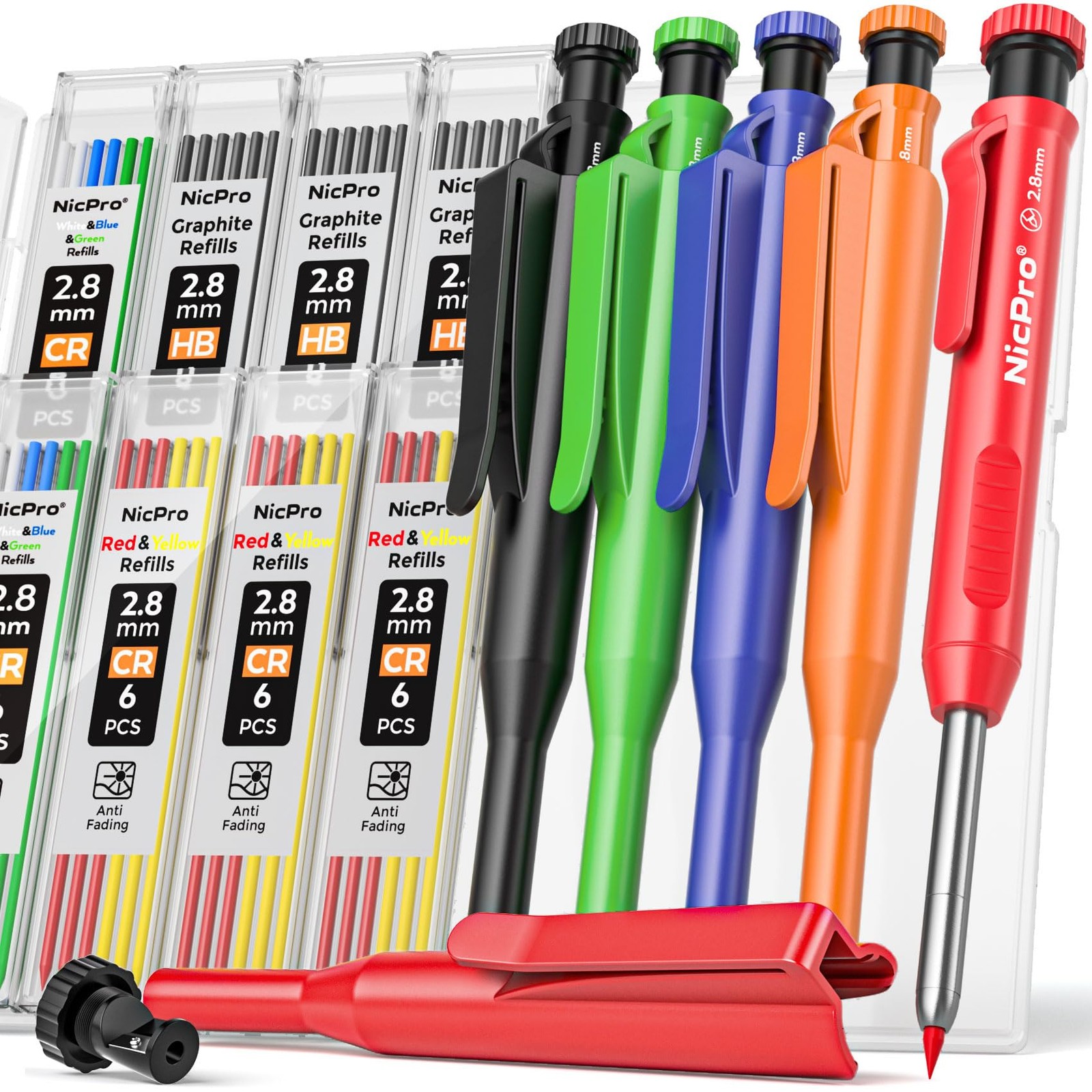 5 Pack Carpenter Pencils Set with Sharpener & 53 Refills, Deep Hole Marker,