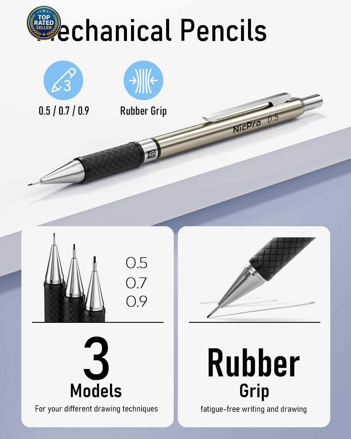 6PCS Art Mechanical Pencil Set, 3PCS Metal Drafting Pencil 0.5 Mm & 0.7 Mm & 0.9