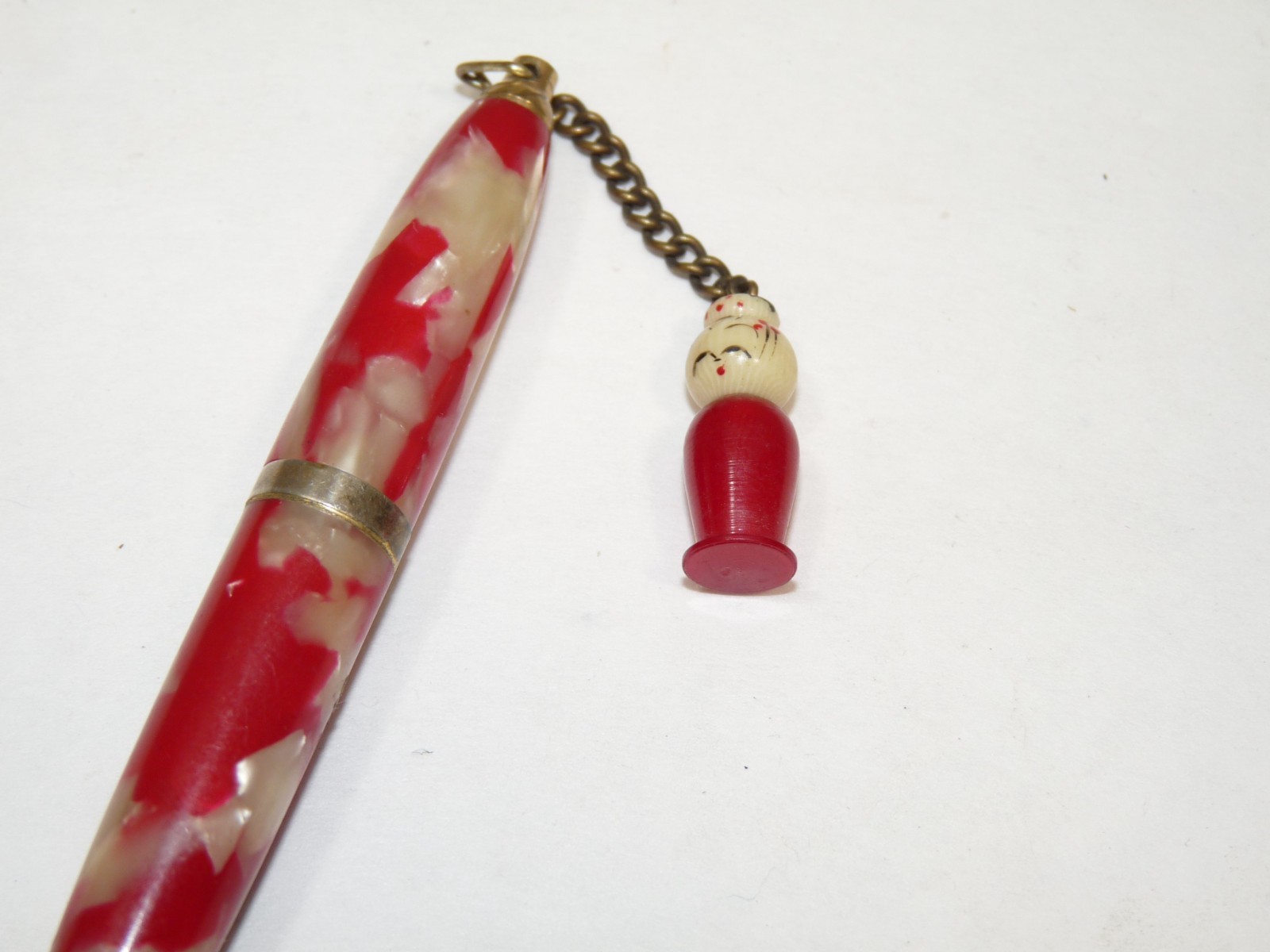 Vintage Marbled Red Acrylic Mechanical Pencil Dangling Asian Character on chain