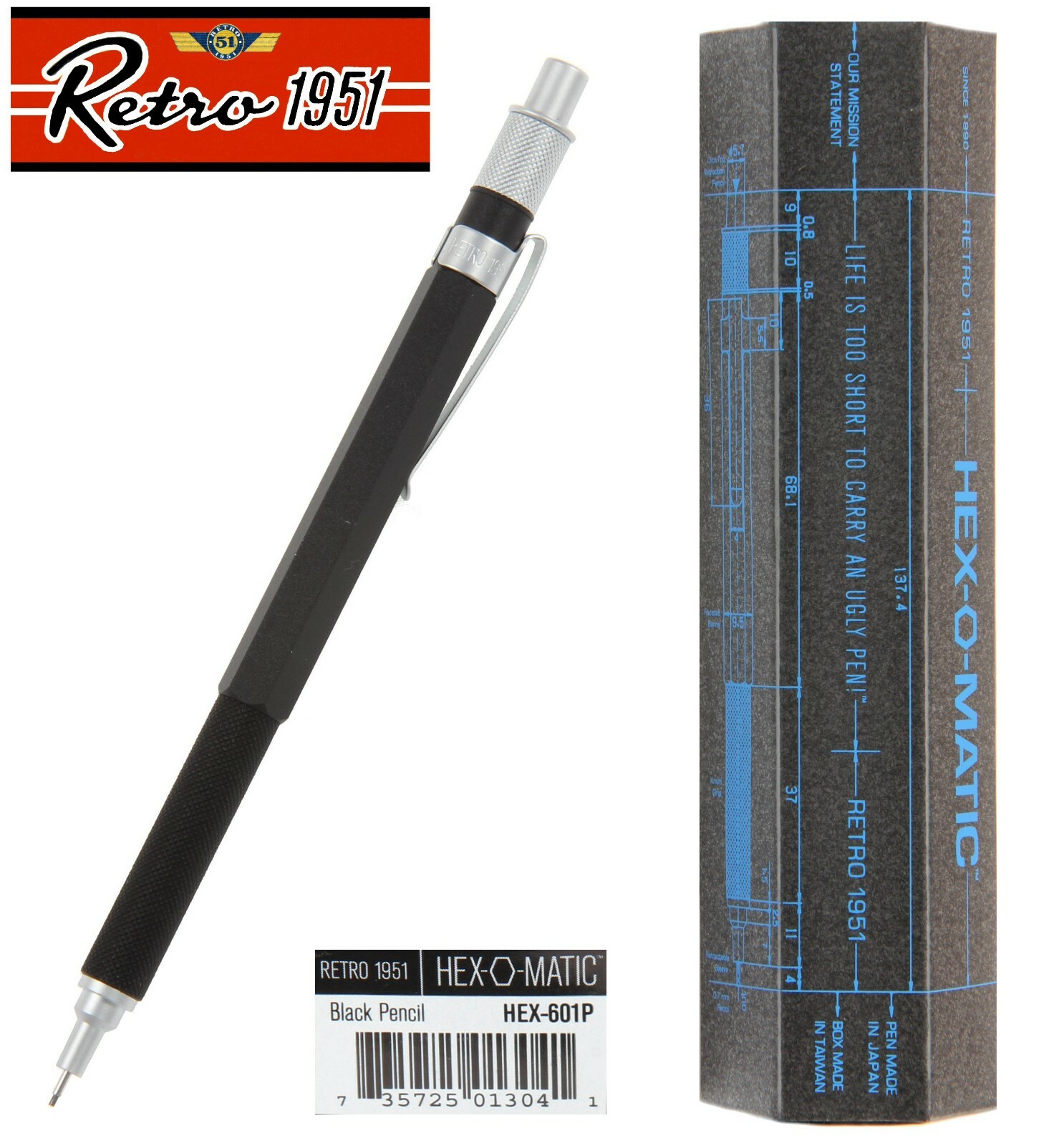 Retro 51 / Hex-o-matic Series Black 7mm Lead Pencil #HEX-601P
