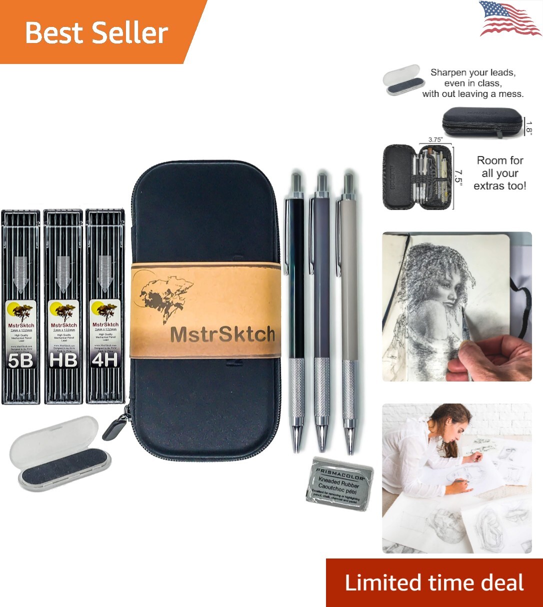 Premium Mechanical Pencils for Drawing – 2mm Graphite Lead Refills – 9 Piece Set