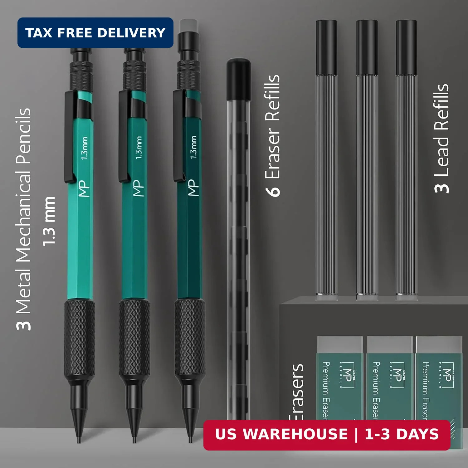 Mr. Pen- Metal Mechanical Pencil Set with Lead Refills & Erasers, 3 Pack | 1.3 m