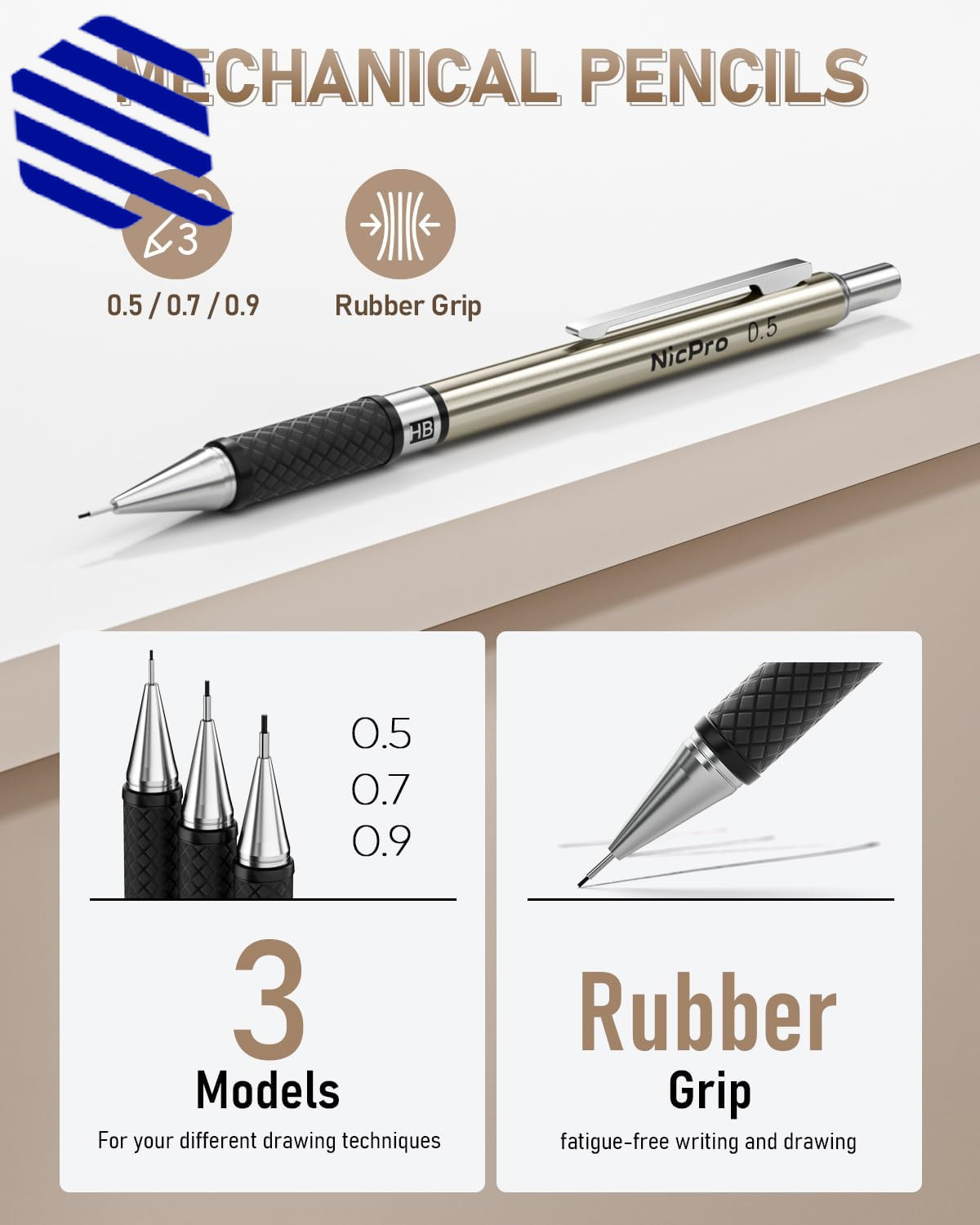 Art Mechanical Pencil Set 3 PCS Metal Drafting Pencil 0.5 mm & 0.7 mm & 0.9 35PC