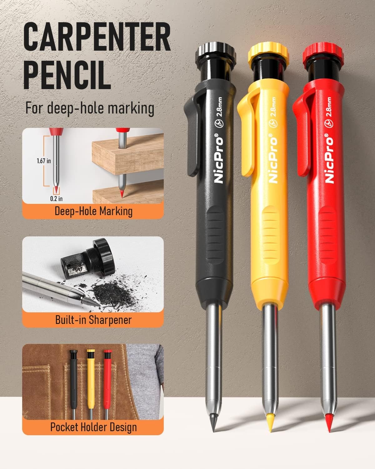 Nicpro 3 Pack Carpenter Pencil with Sharpener & 3 Pack, Red, Black,Yellow