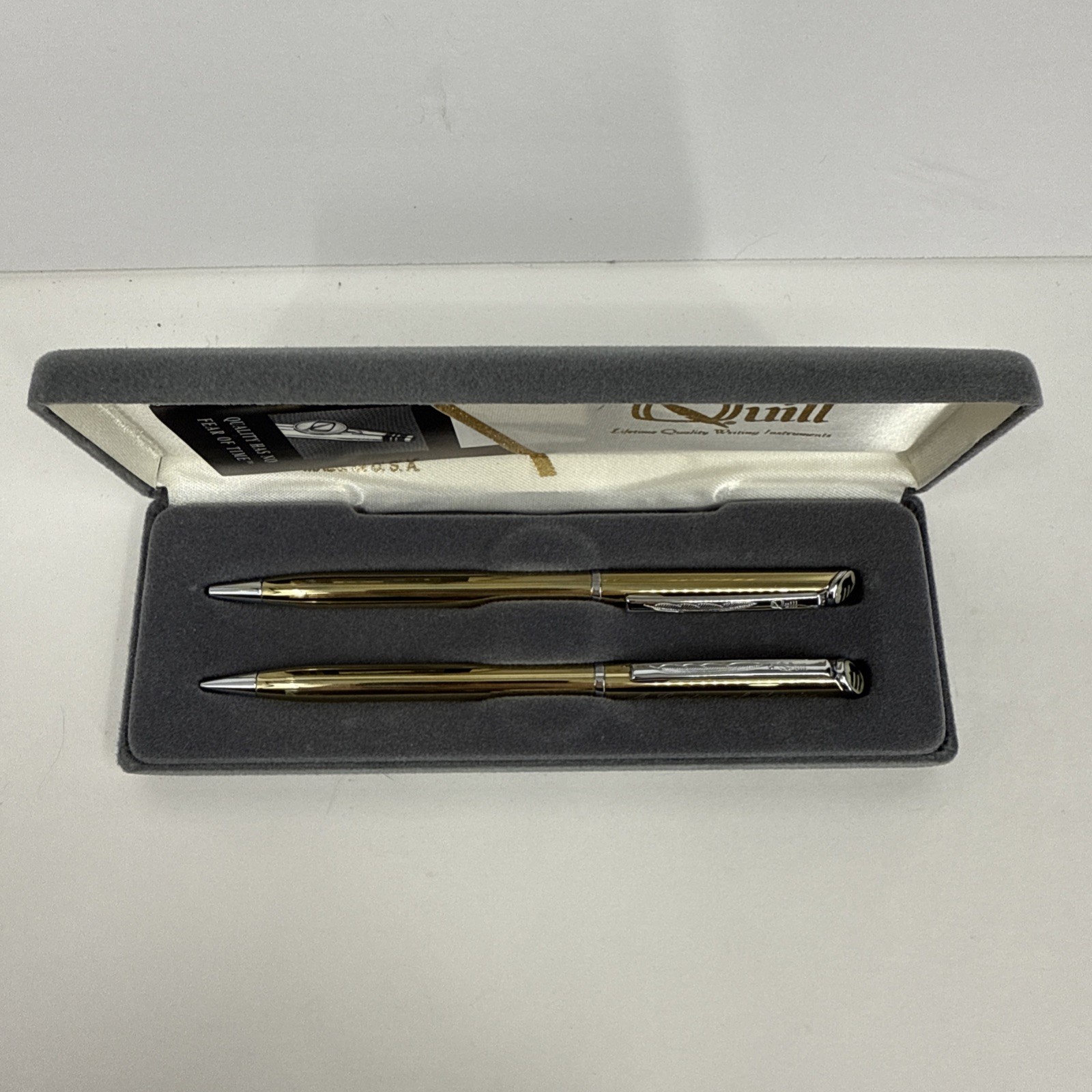 QUILL Brand Gold Tone Pen & Mechanical Pencil Set W/ Case & Slip