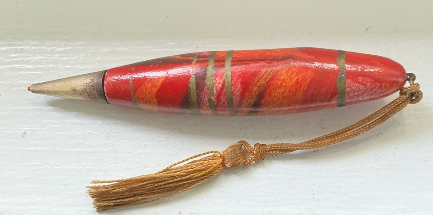 1930s Wooden Torpedo Mechanical Pencil With Tassel 3” Made In Japan Works