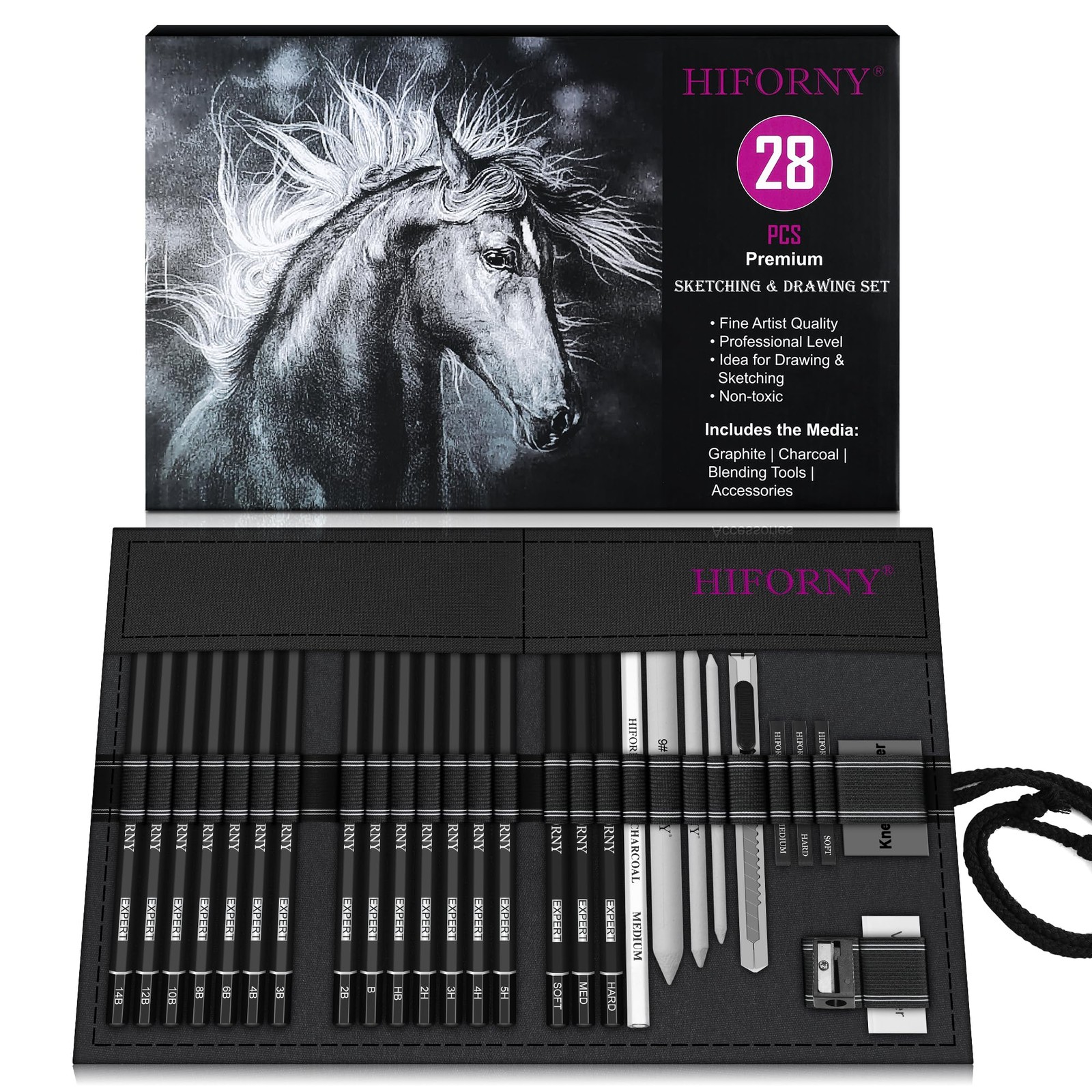 HIFORNY 28 PCS Sketching Drawing Pencil 1 Count (Pack of 28), Black